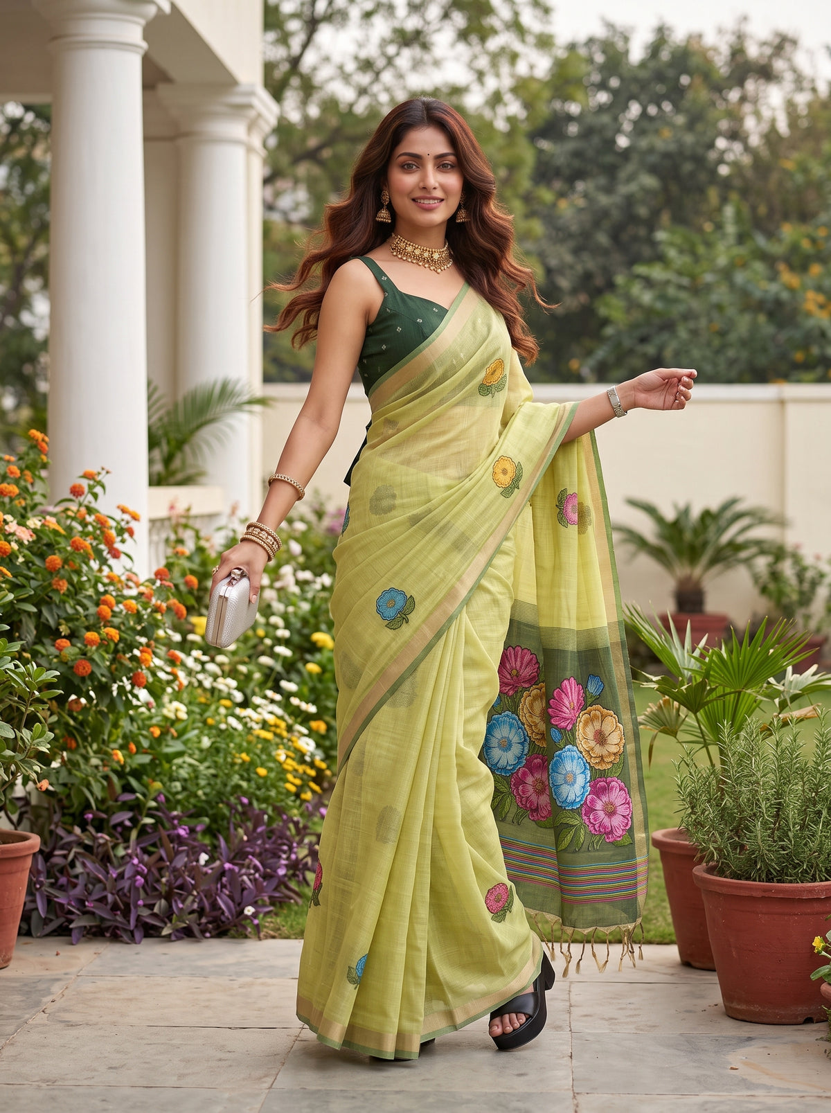 MIMOSA Olive Bhagalpuri Cotton linen Saree — close-up of pallu