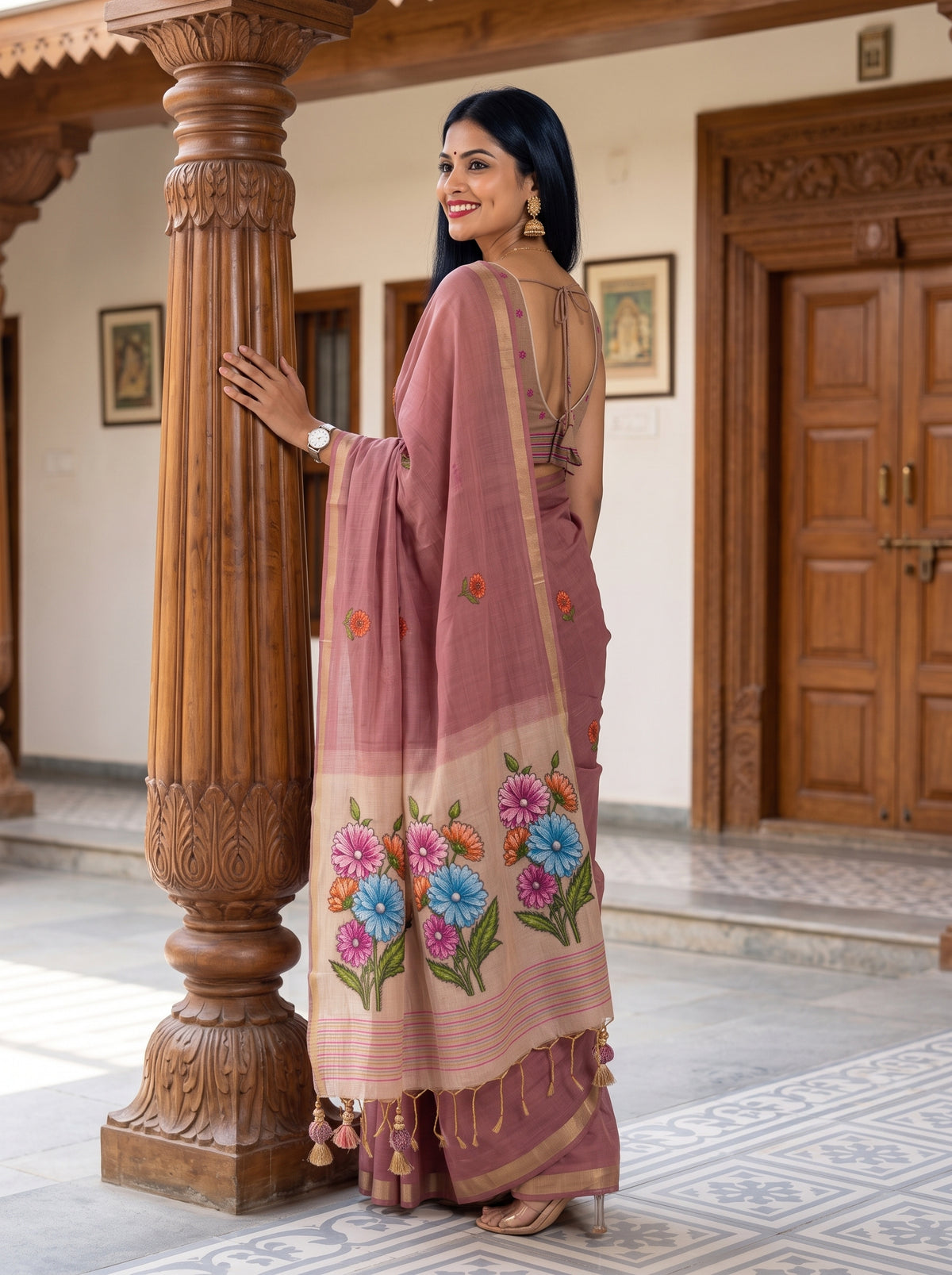 MIMOSA Gajari Bhagalpuri Cotton linen Saree — pose 5 styling detail