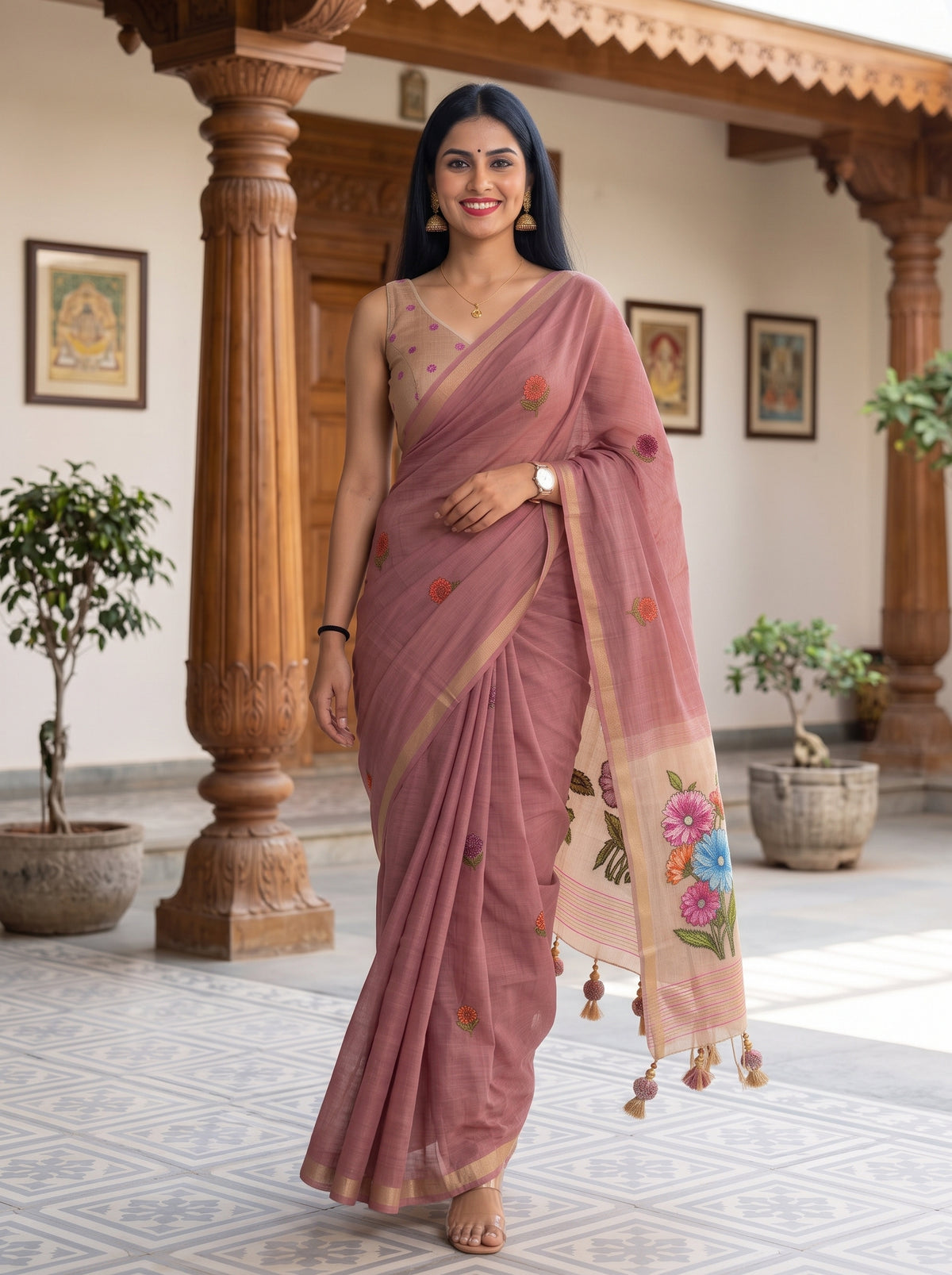MIMOSA Gajari Bhagalpuri Cotton linen Saree — pose 6 styling detail