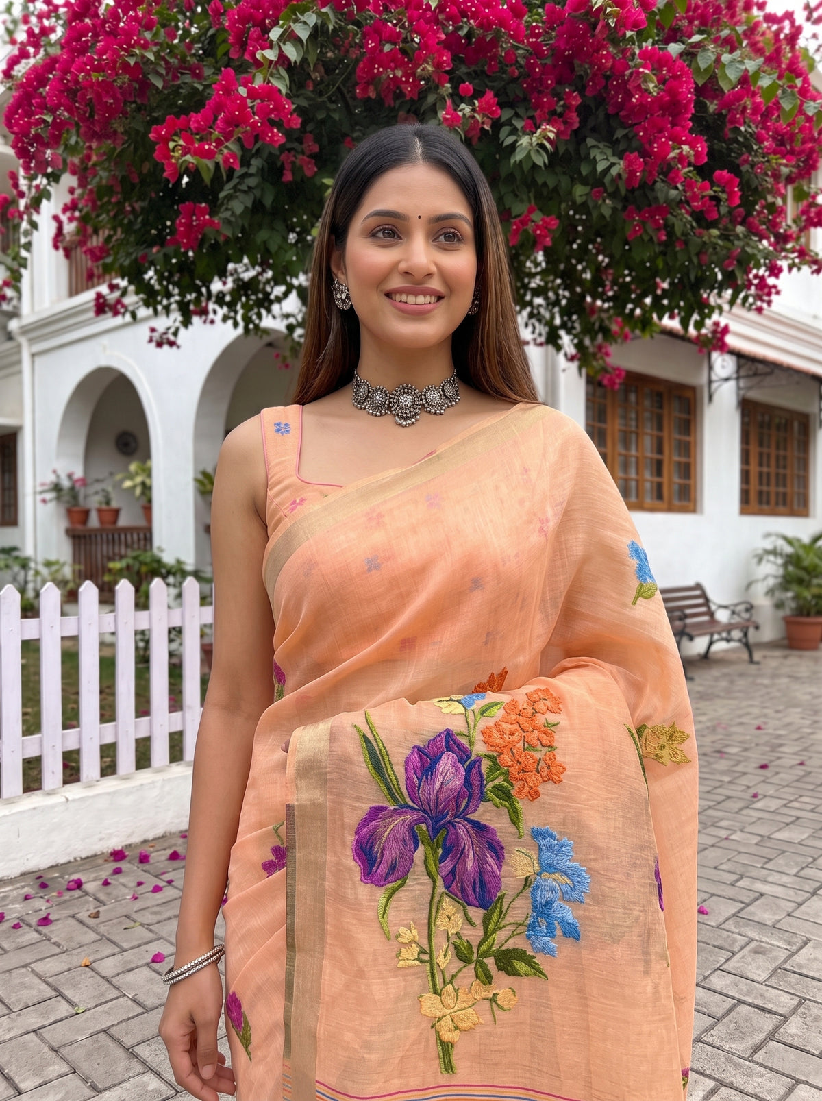 MIMOSA Peach Bhagalpuri Cotton Saree — pose 10 styling detail