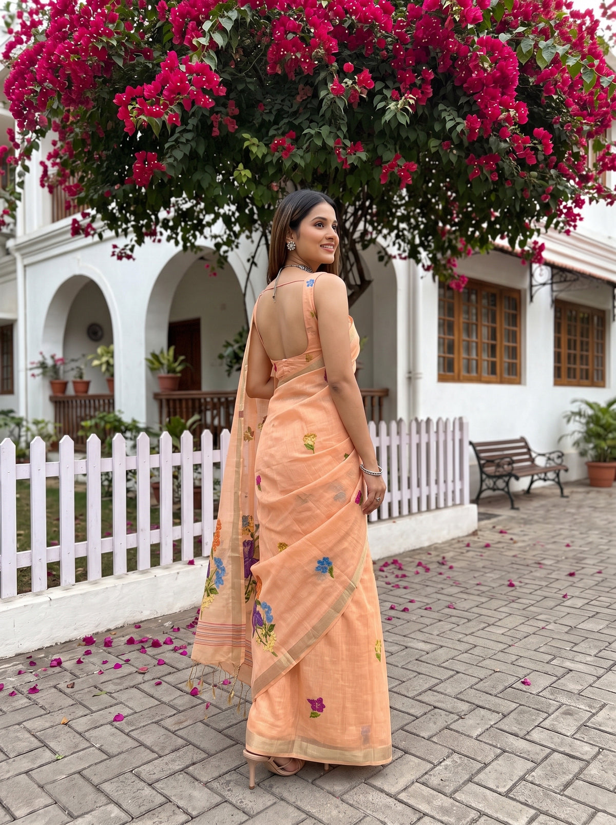 MIMOSA Peach Bhagalpuri Cotton Saree — pose 5 styling detail