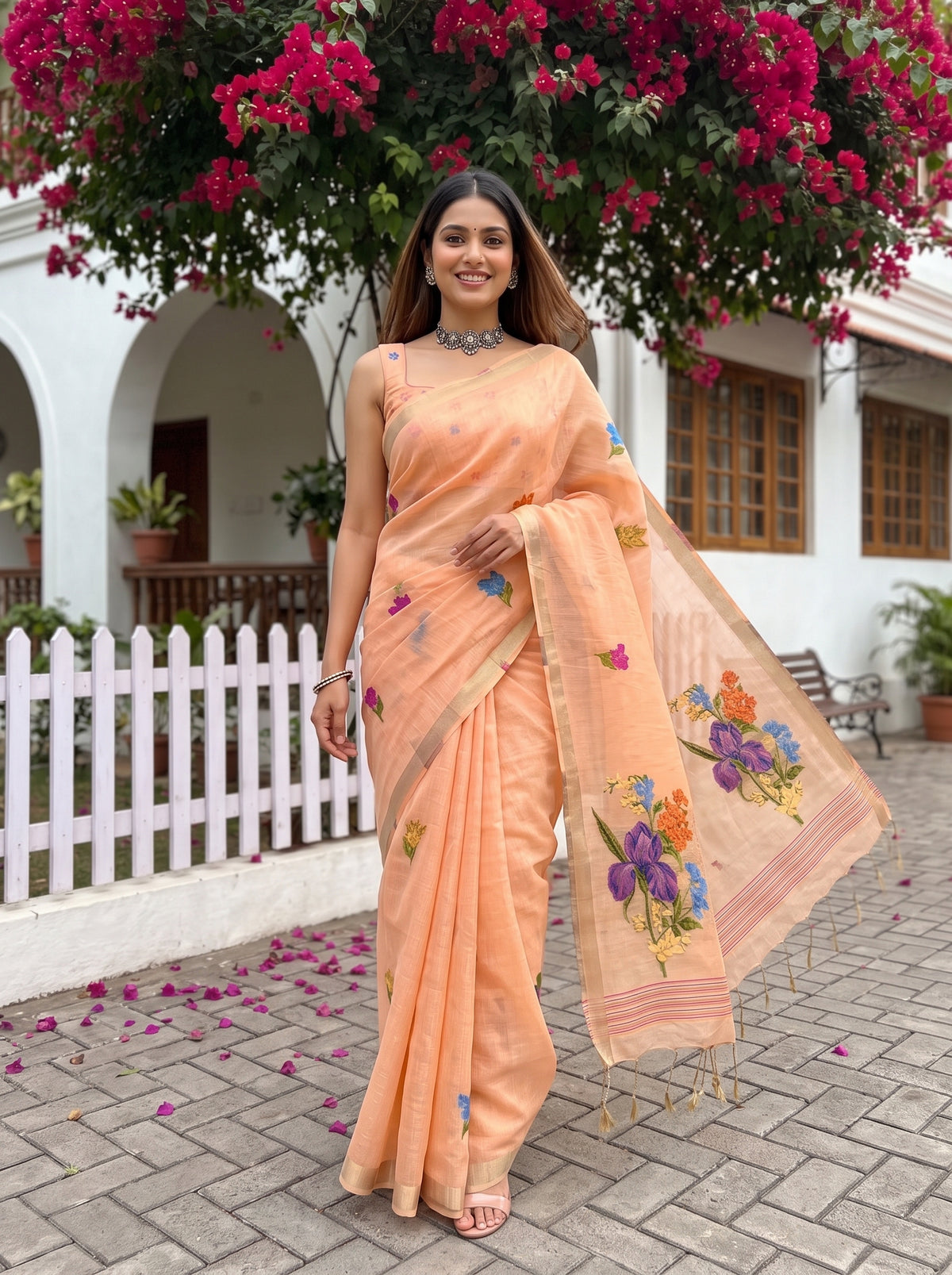 MIMOSA Peach Bhagalpuri Cotton Saree — pose 6 styling detail