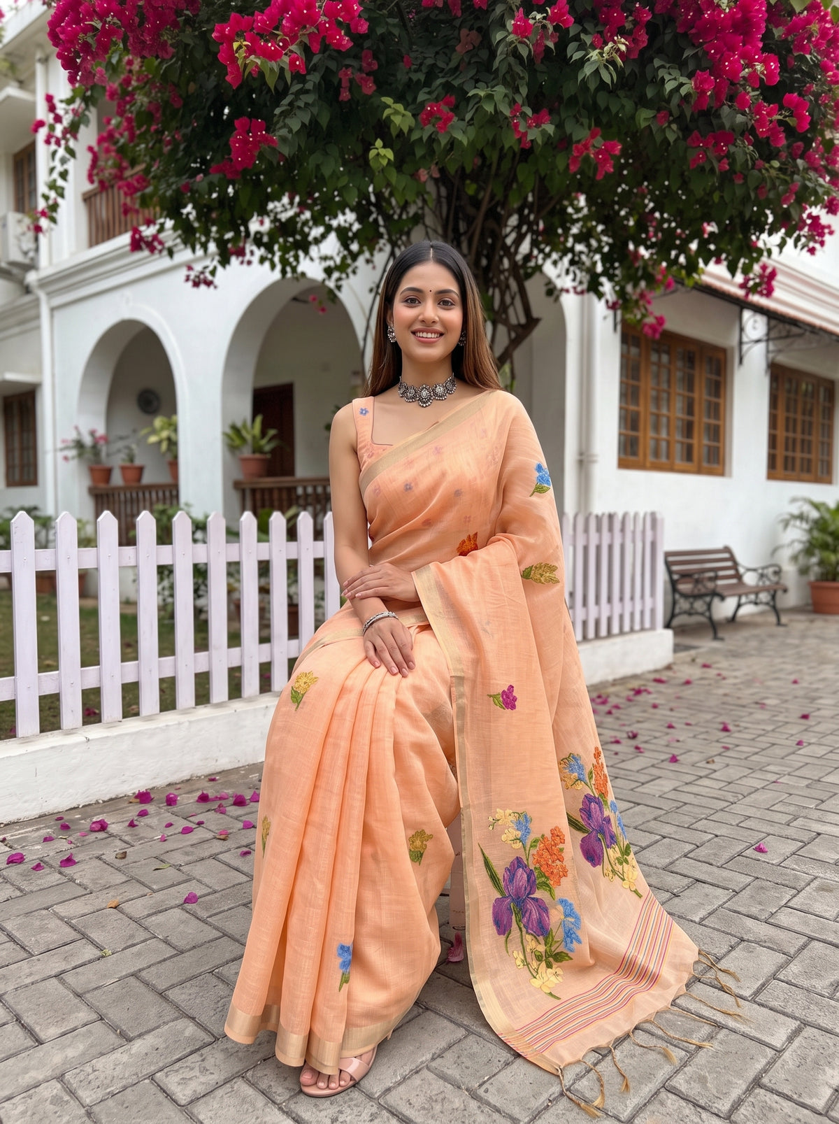 MIMOSA Peach Bhagalpuri Cotton Saree — pose 8 styling detail