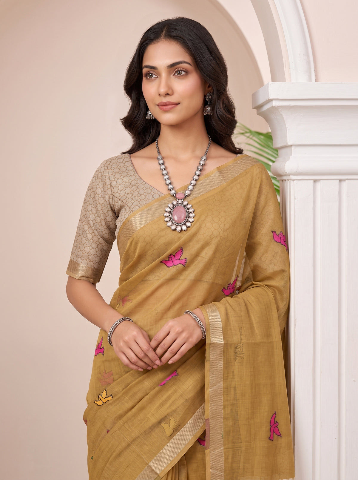 MIMOSA Chiku Bhagalpuri Cotton linen Saree — pose 10 styling detail