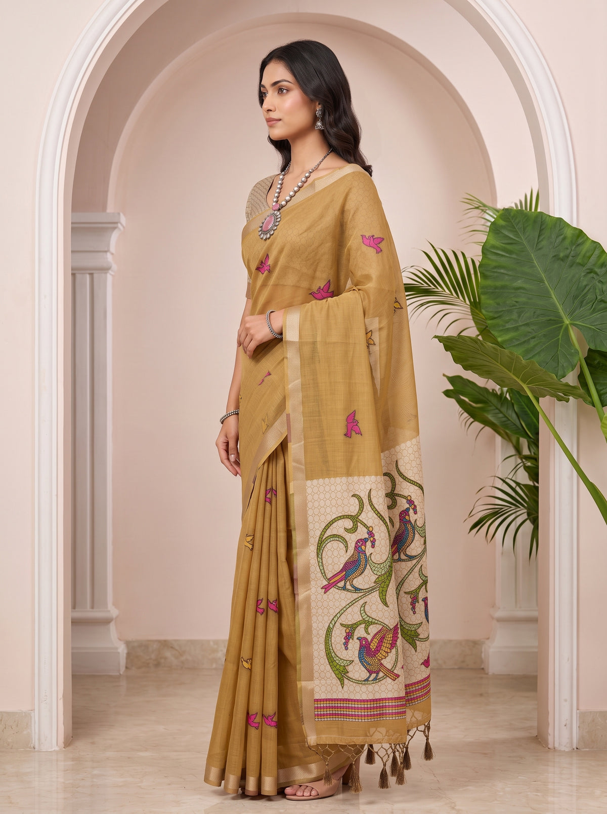 MIMOSA Chiku Bhagalpuri Cotton linen Saree — AI model lifestyle pose