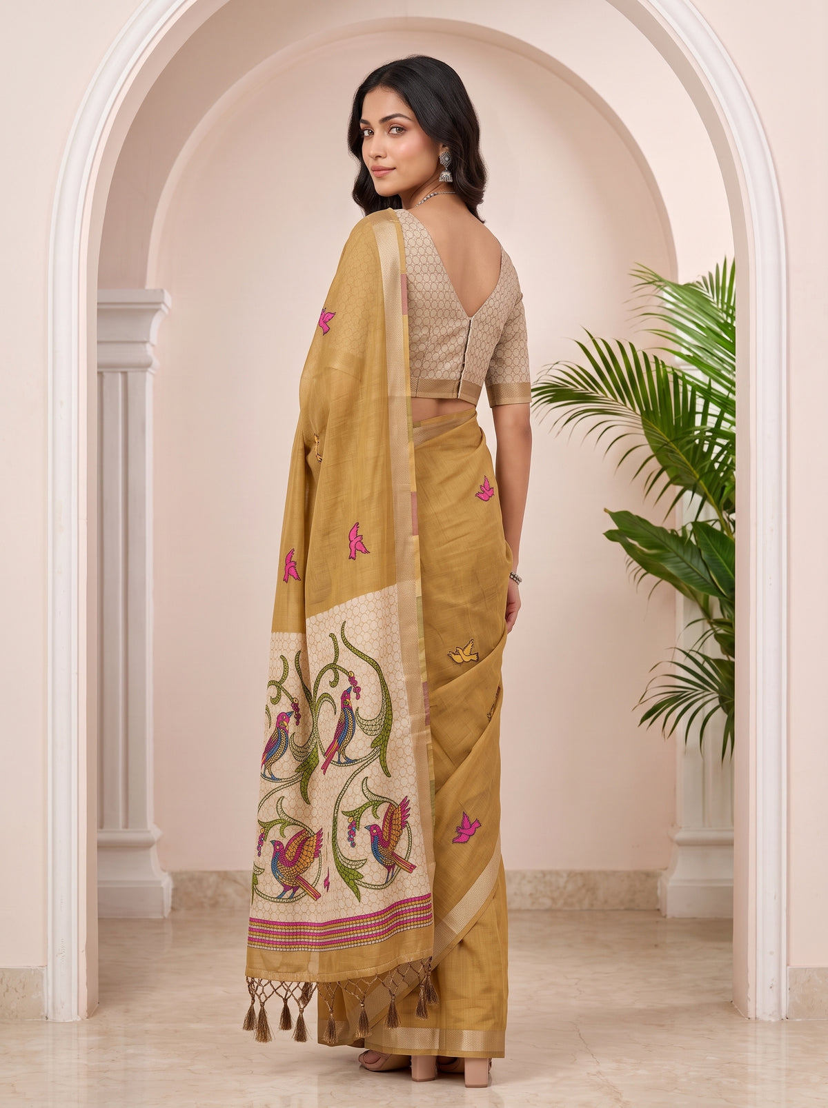 MIMOSA Chiku Bhagalpuri Cotton linen Saree — pose 7 styling detail