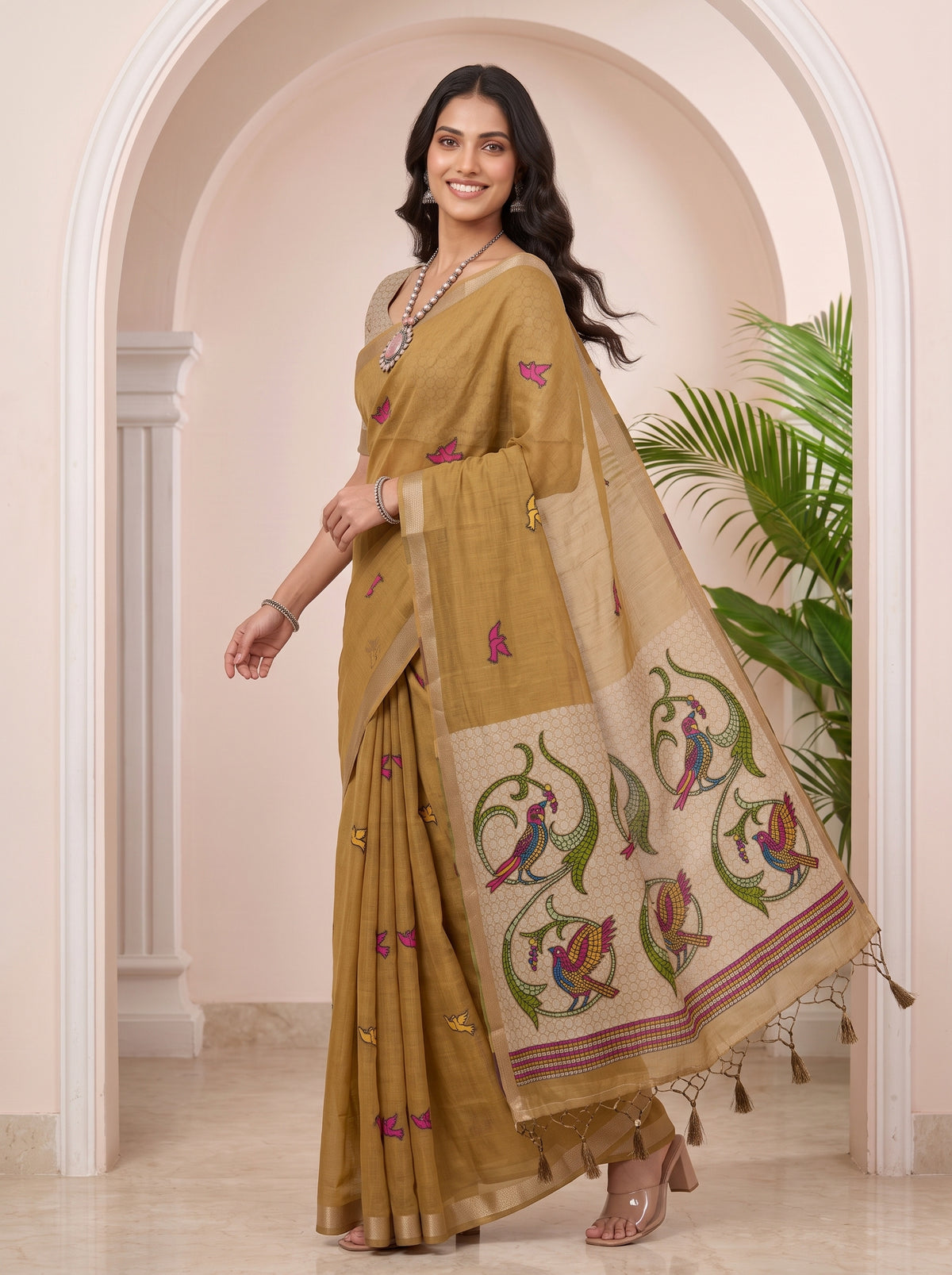 MIMOSA Chiku Bhagalpuri Cotton linen Saree — pose 9 styling detail