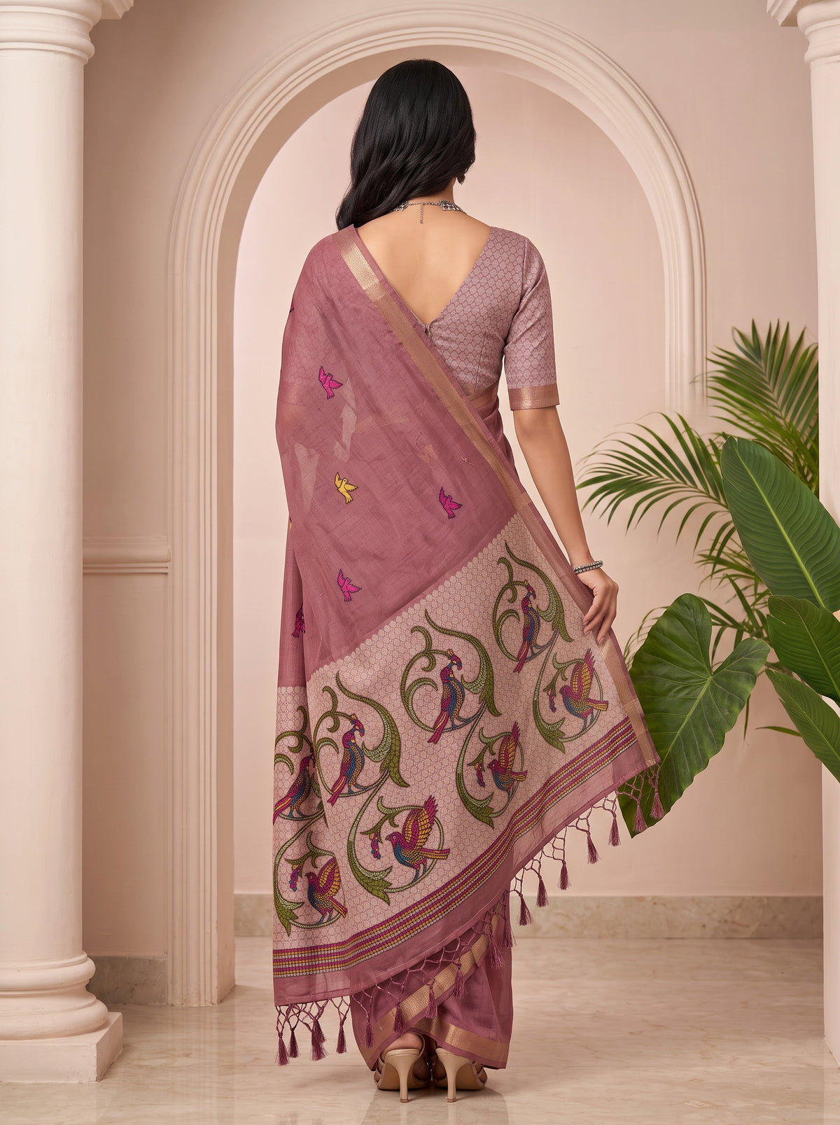 MIMOSA Gajari Bhagalpuri Cotton linen Saree — pallu and body detail