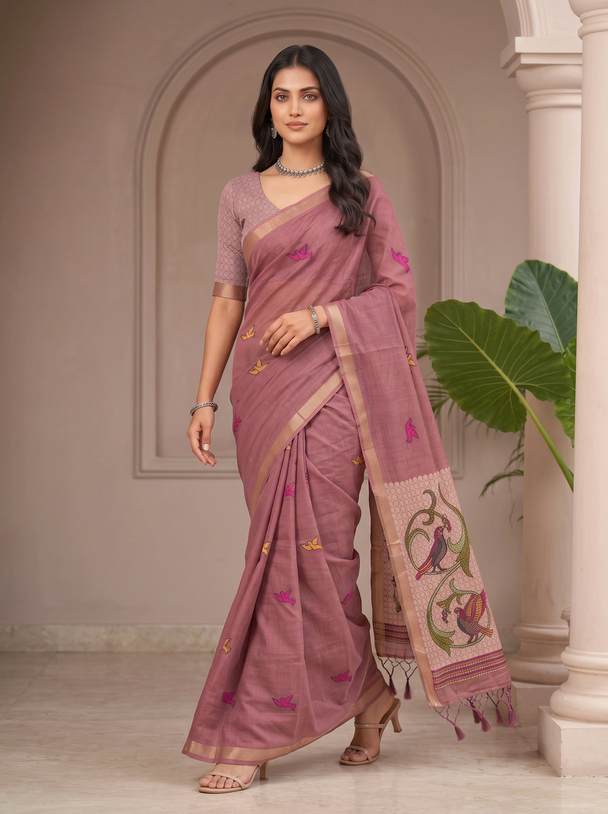 MIMOSA Gajari Bhagalpuri Cotton linen Saree — pose 6 styling detail