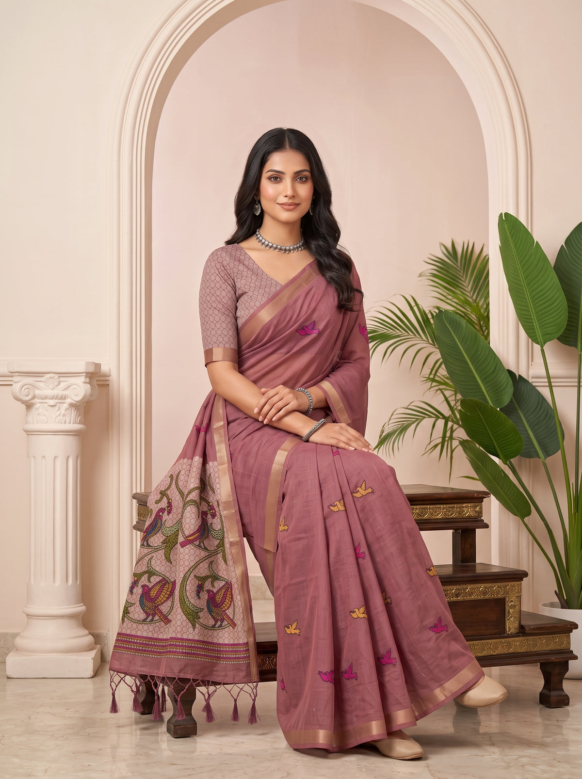 MIMOSA Gajari Bhagalpuri Cotton linen Saree — pose 8 styling detail