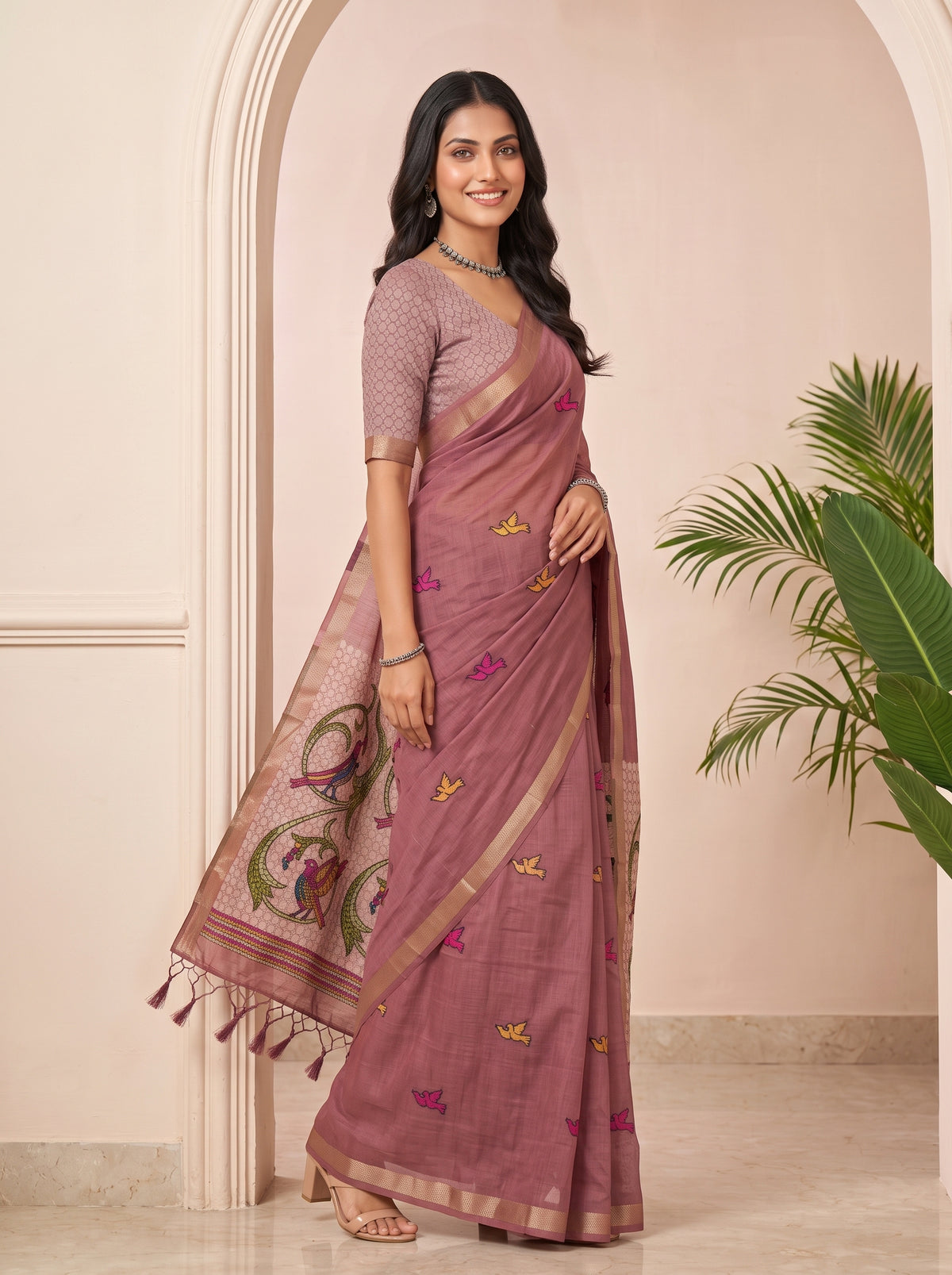 MIMOSA Gajari Bhagalpuri Cotton linen Saree — pose 9 styling detail