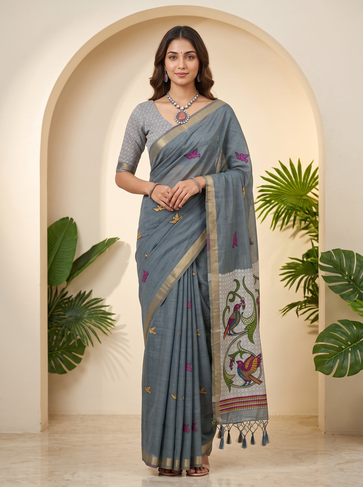 MIMOSA Grey Bhagalpuri Cotton linen Saree — draped on mannequin