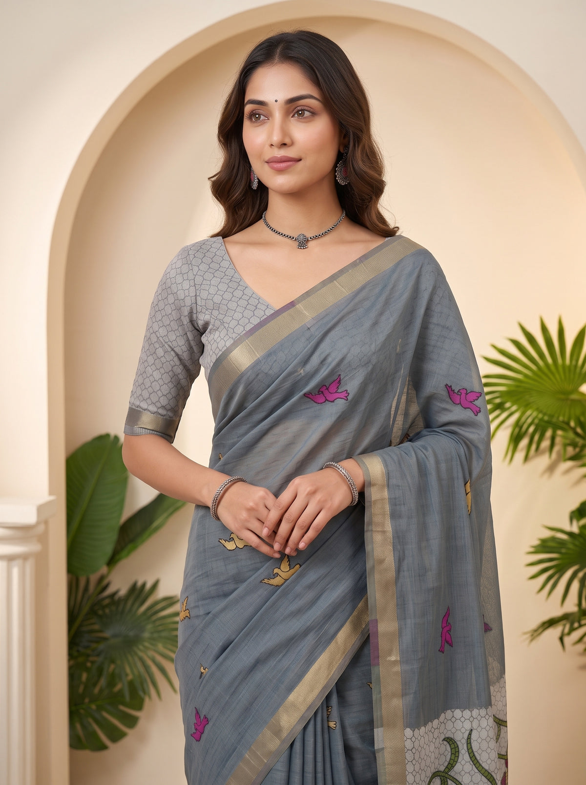 MIMOSA Grey Bhagalpuri Cotton linen Saree — pose 10 styling detail