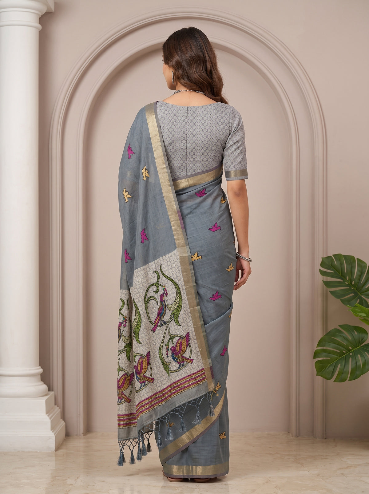 MIMOSA Grey Bhagalpuri Cotton linen Saree — pallu and body detail
