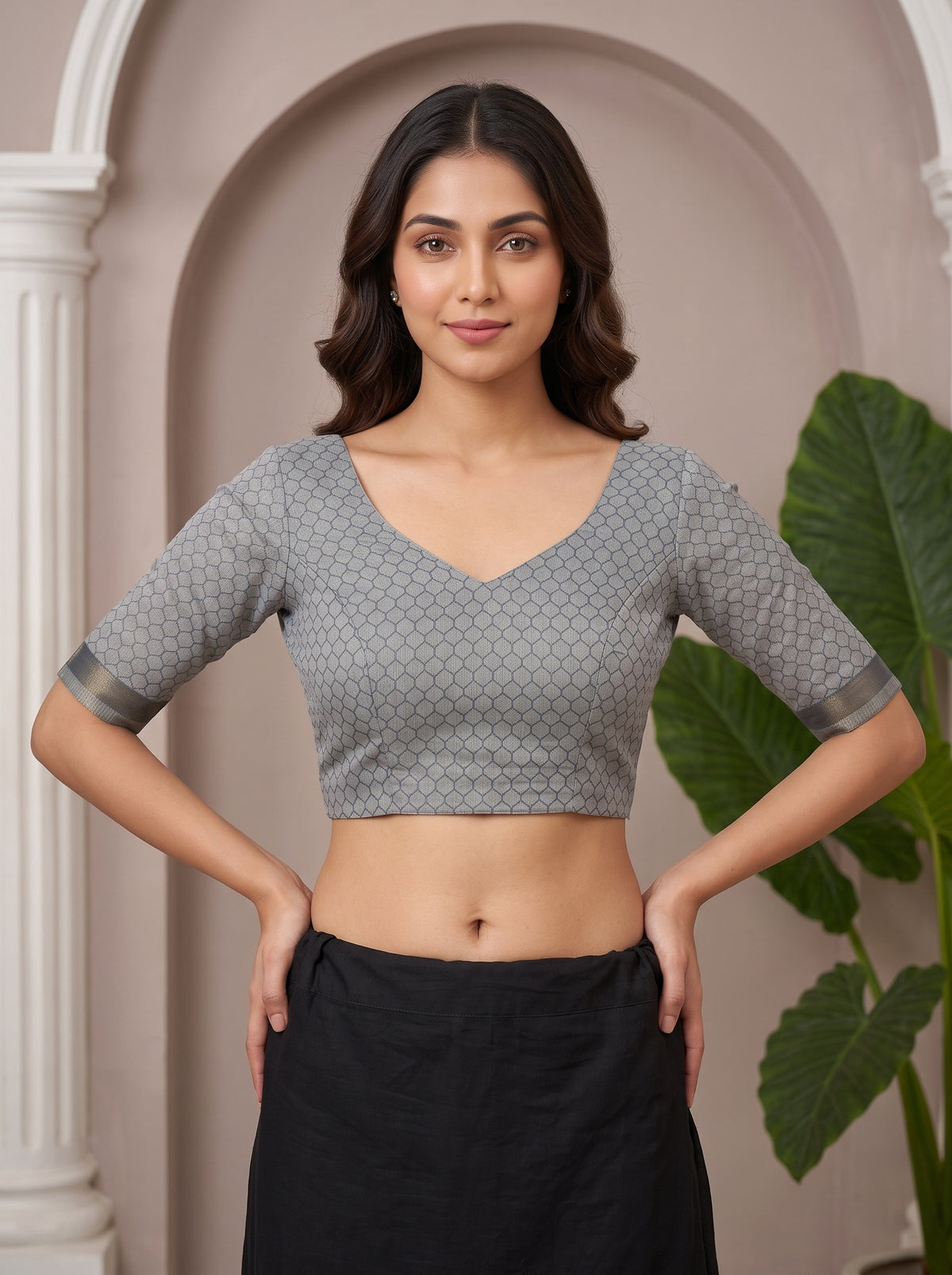 MIMOSA Grey Bhagalpuri Cotton linen Saree — blouse close-up