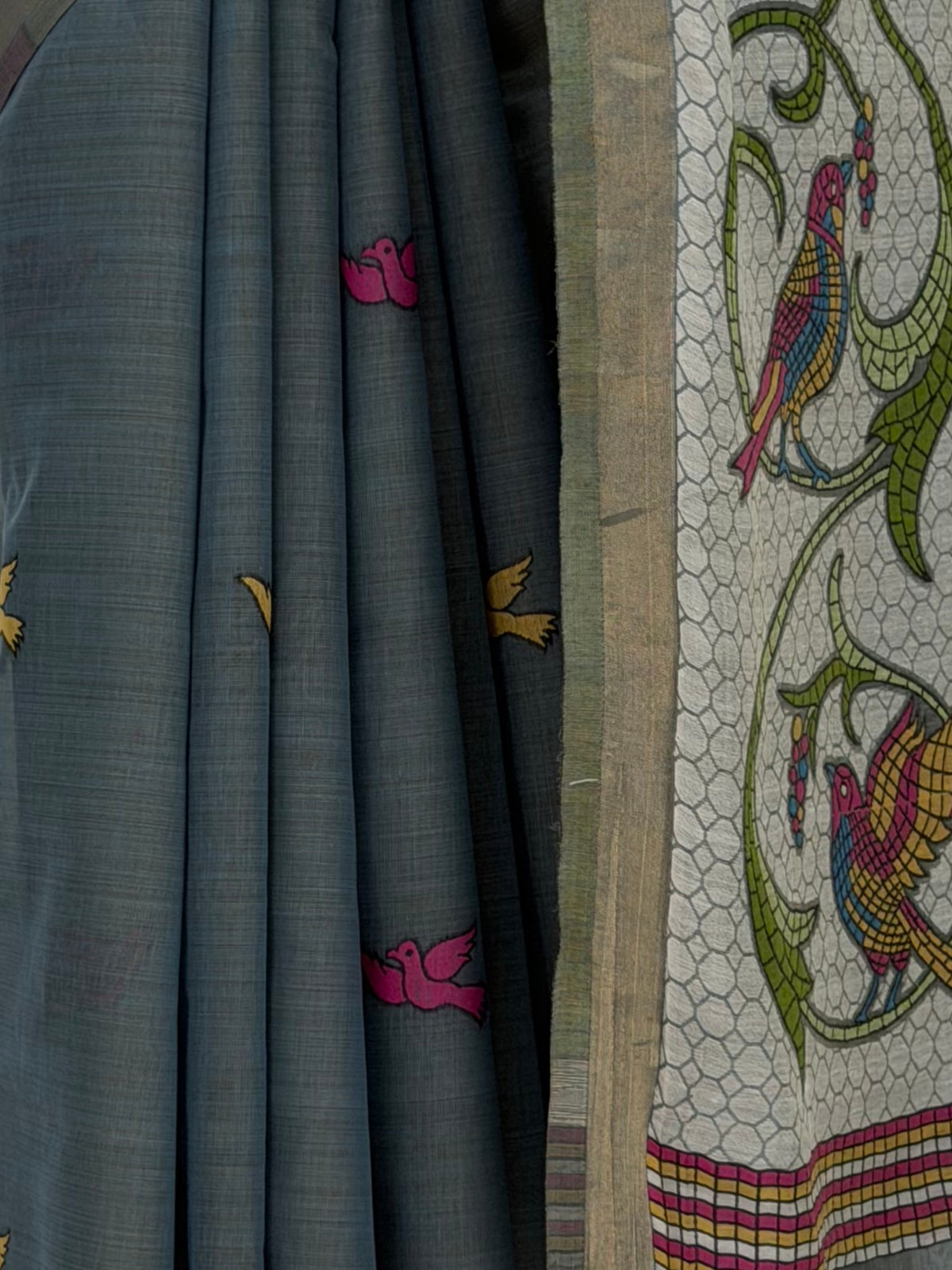 MIMOSA Grey Bhagalpuri Cotton linen Saree — fleets shot full lifestyle