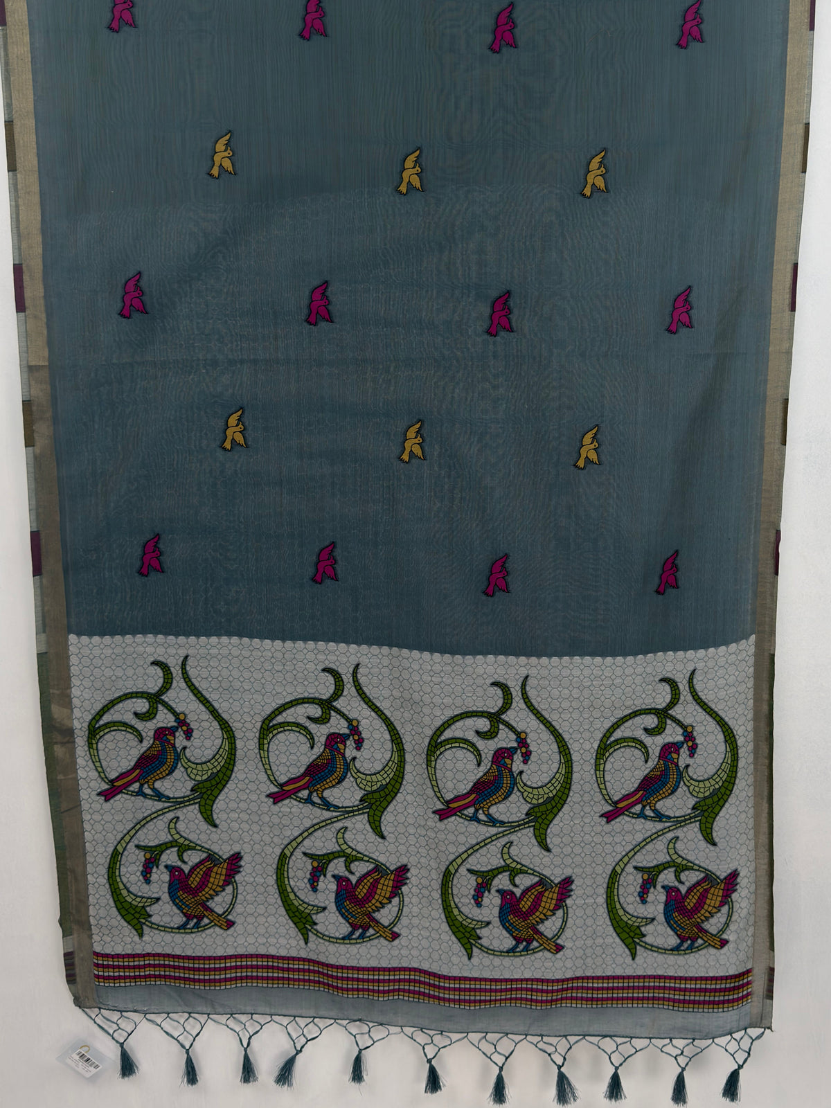 MIMOSA Grey Bhagalpuri Cotton linen Saree — pallu and zari work detail