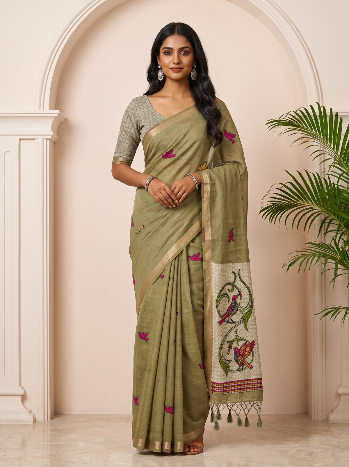 MIMOSA Mehndi Bhagalpuri Cotton linen Saree — draped on mannequin