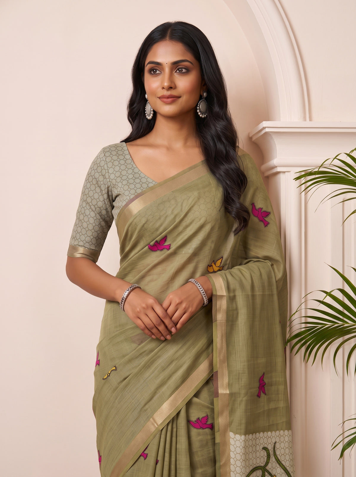 MIMOSA Mehndi Bhagalpuri Cotton linen Saree — pose 10 styling detail