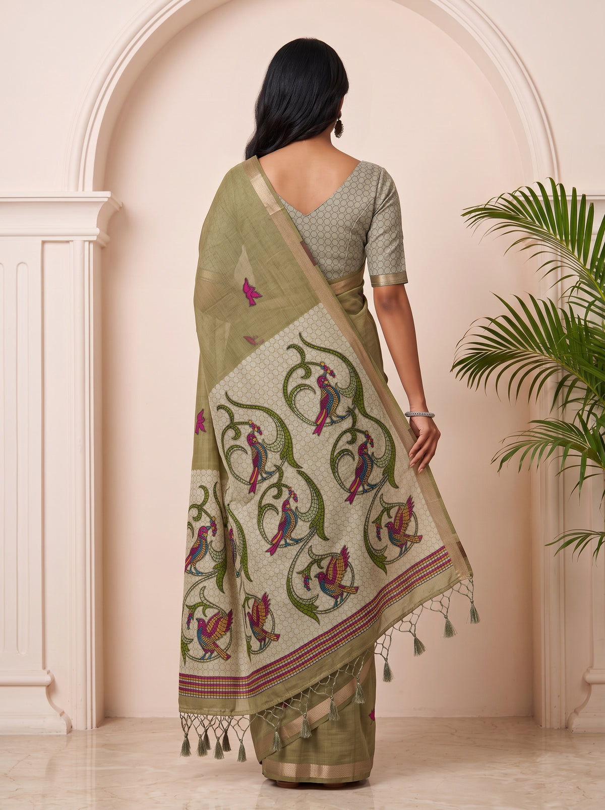 MIMOSA Mehndi Bhagalpuri Cotton linen Saree — pallu and body detail
