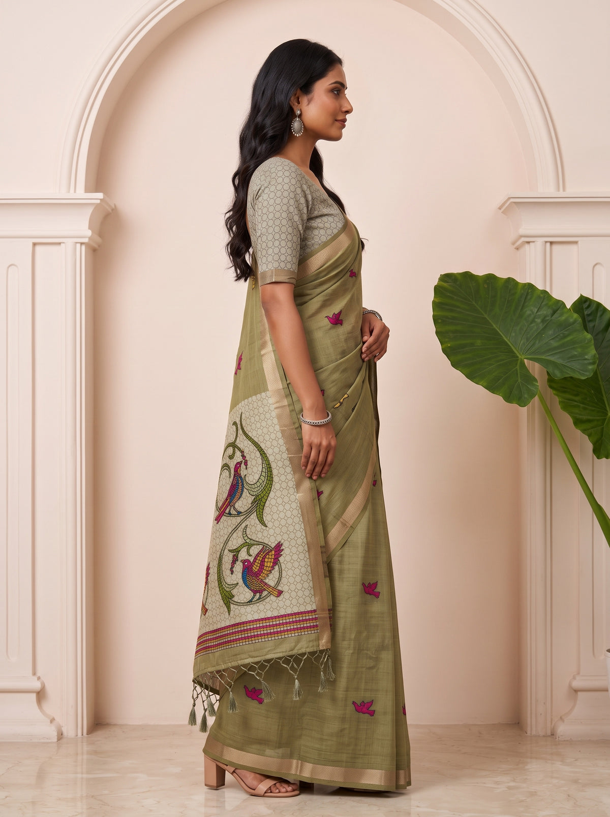MIMOSA Mehndi Bhagalpuri Cotton linen Saree — AI model lifestyle pose