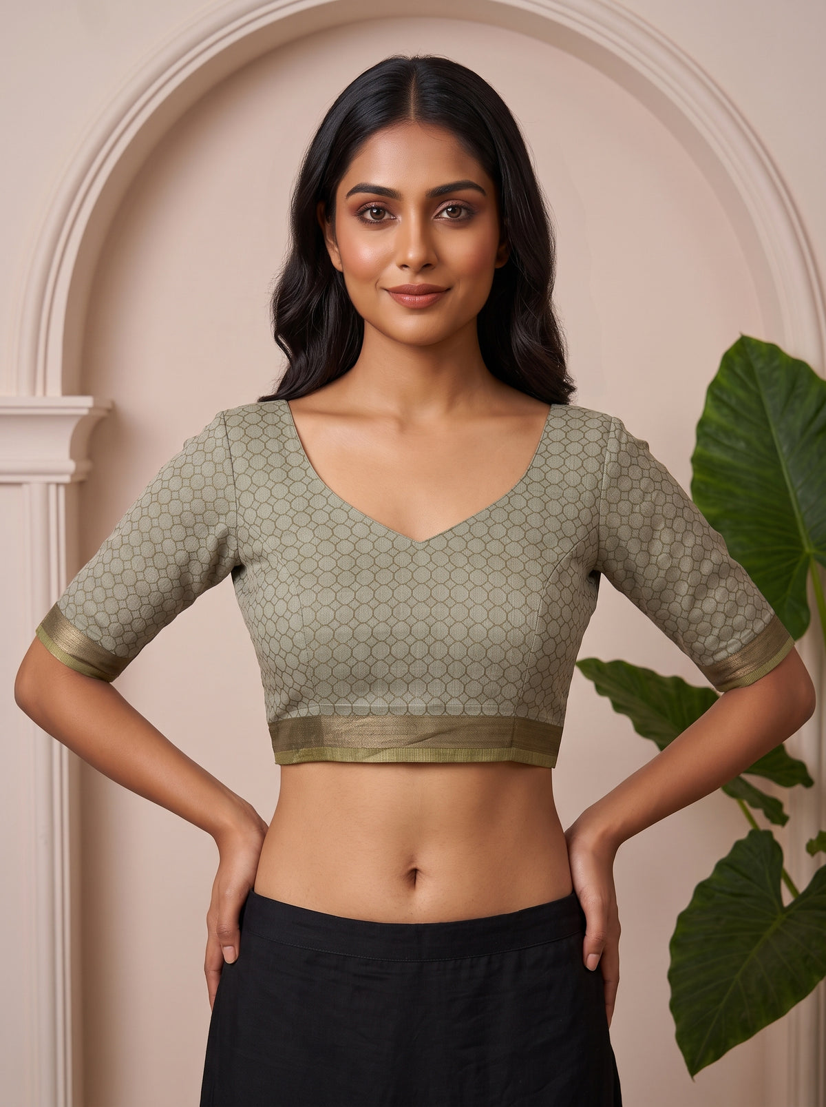 MIMOSA Mehndi Bhagalpuri Cotton linen Saree — blouse close-up