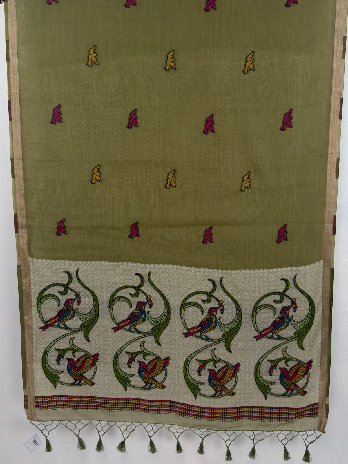 MIMOSA Mehndi Bhagalpuri Cotton linen Saree — pallu and zari work detail
