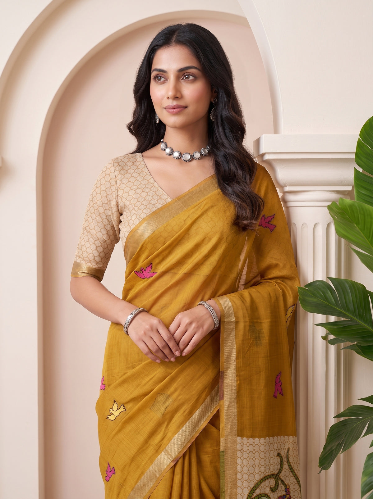 MIMOSA Mustard Bhagalpuri Cotton linen Saree — pose 10 styling detail