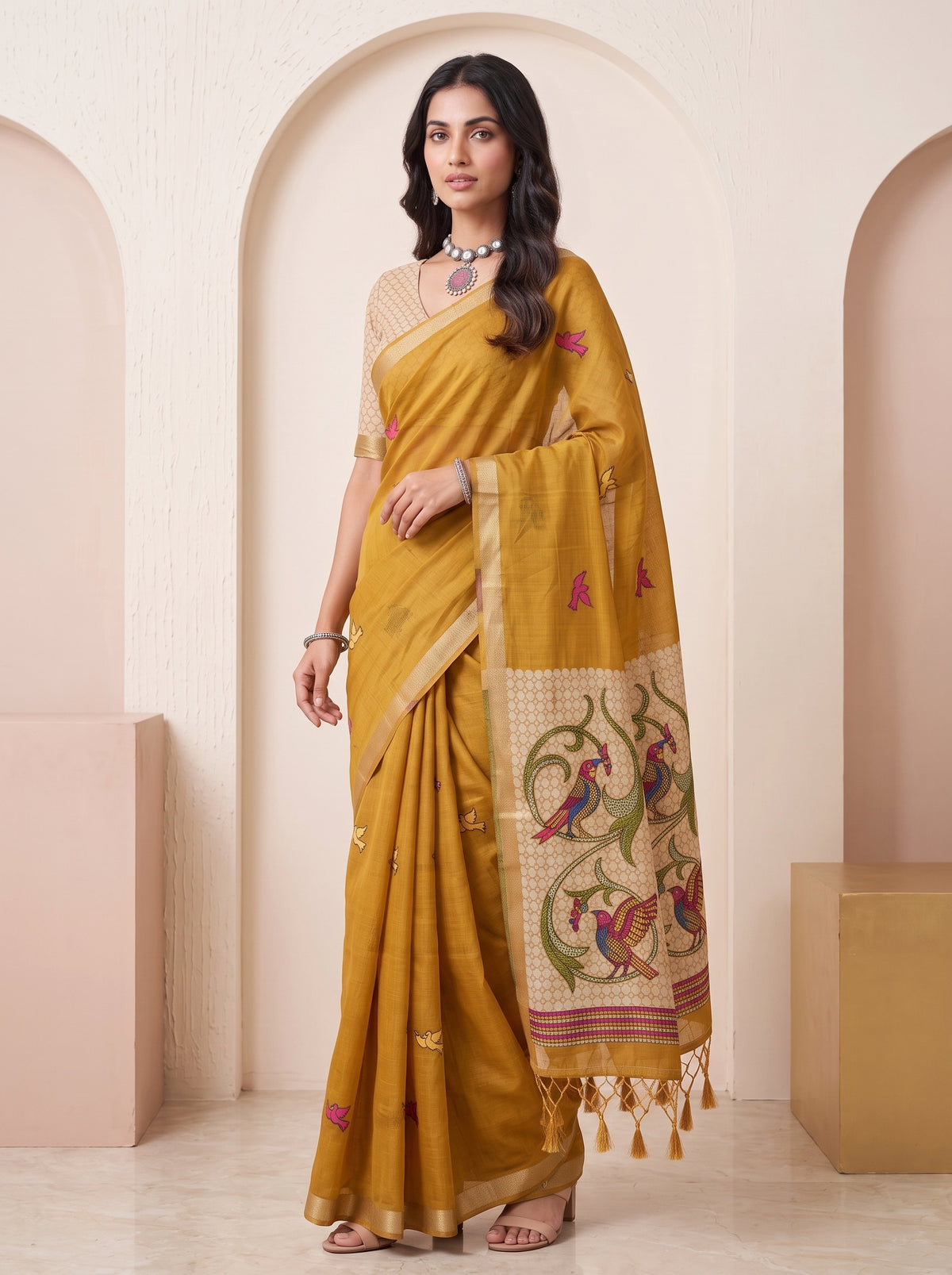 MIMOSA Mustard Bhagalpuri Cotton linen Saree — pose 5 styling detail