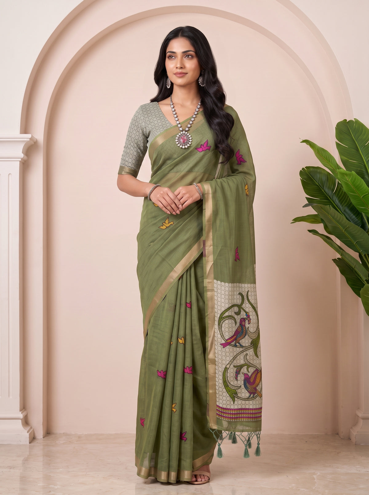 MIMOSA Rama Bhagalpuri Cotton linen Saree — pose 10 styling detail