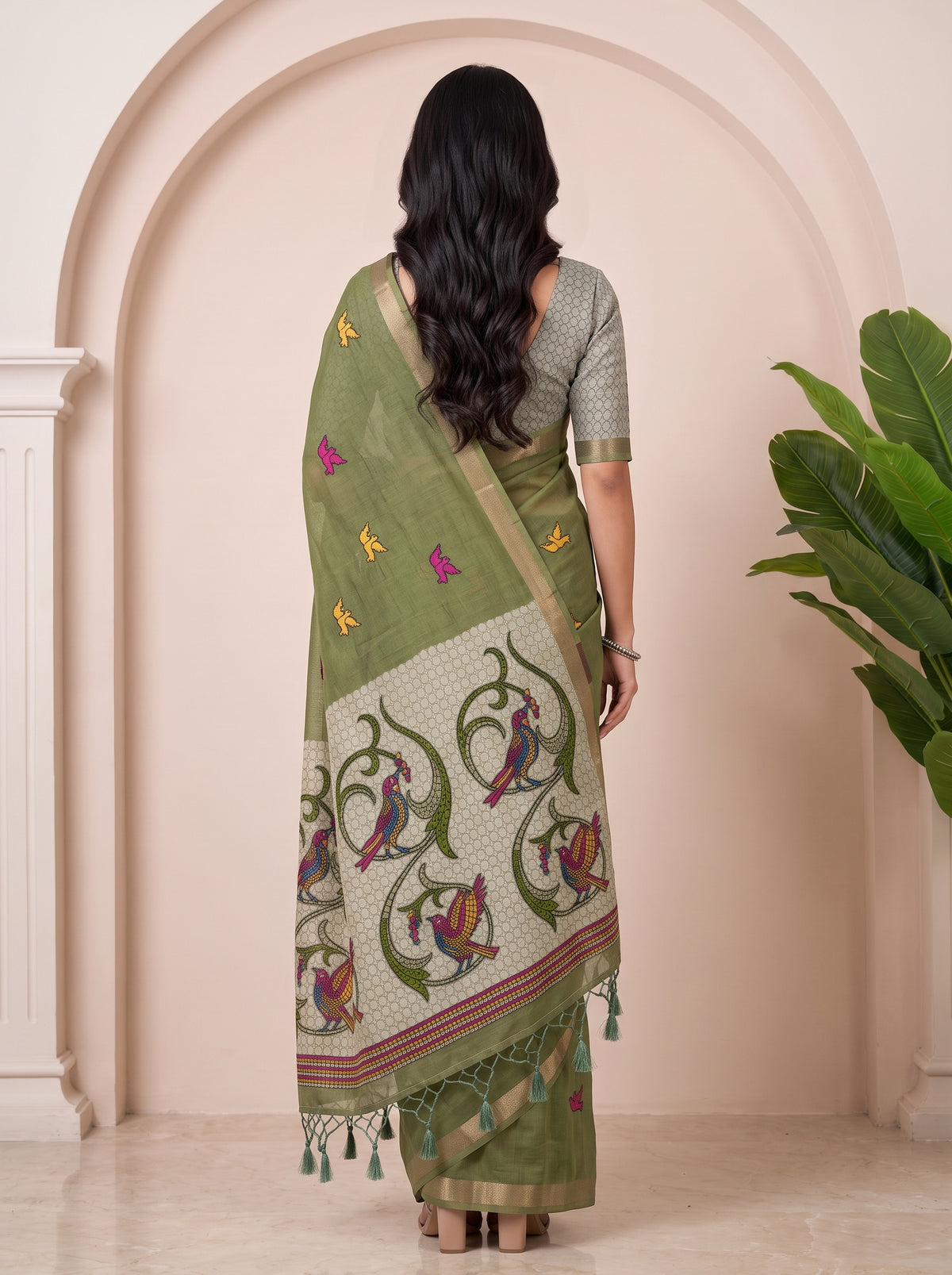 MIMOSA Rama Bhagalpuri Cotton linen Saree — pallu and body detail