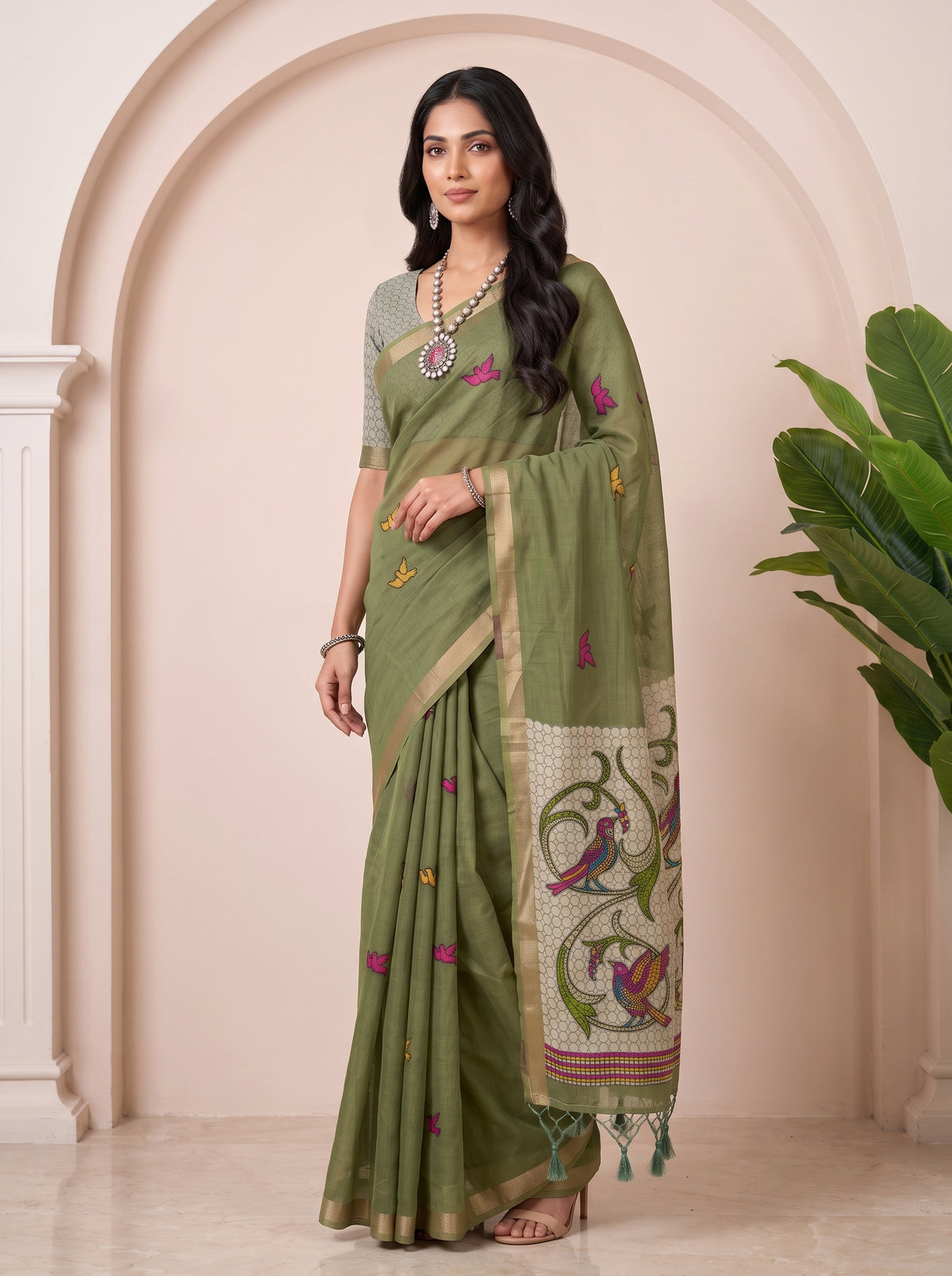 MIMOSA Rama Bhagalpuri Cotton linen Saree — pose 5 styling detail