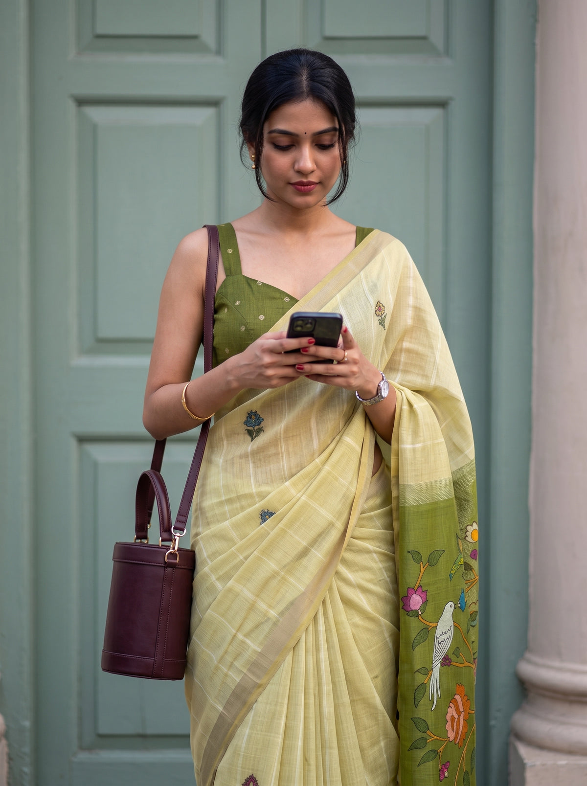 MIMOSA Chiku Bhagalpuri Cotton Saree — pose 10 styling detail