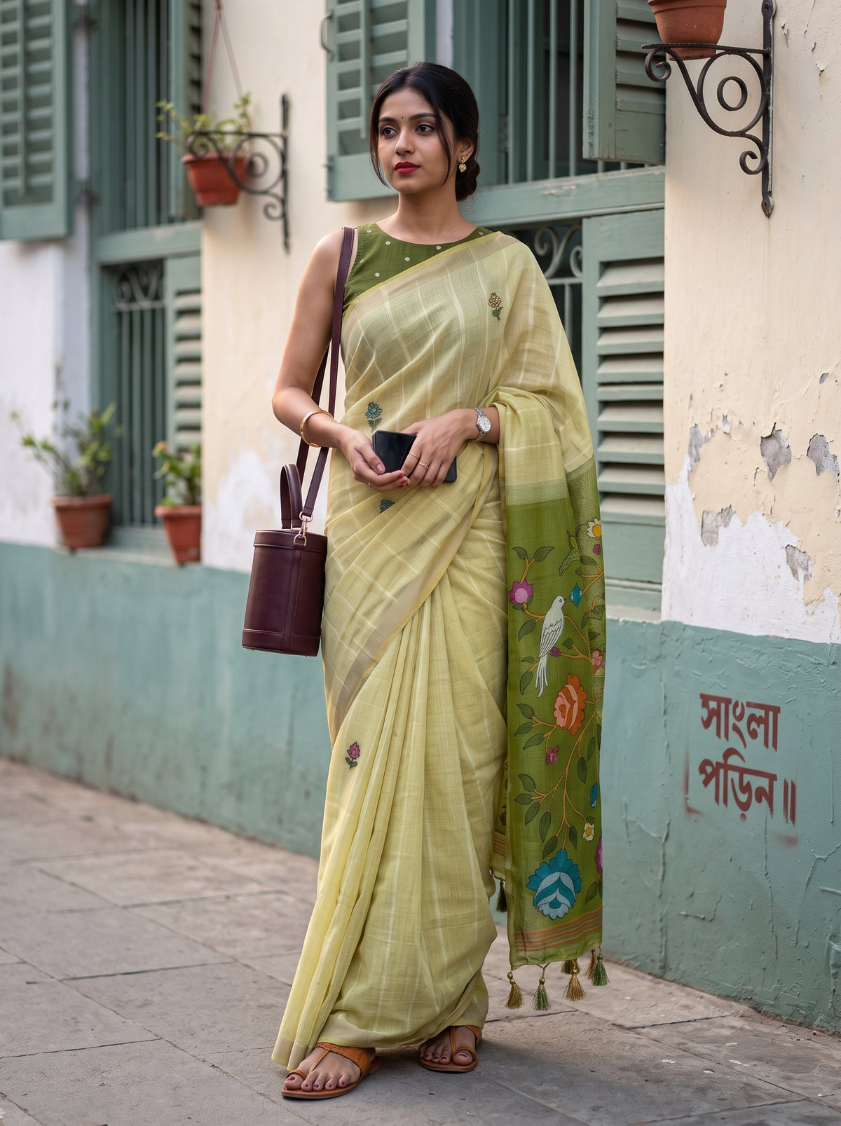 MIMOSA Chiku Bhagalpuri Cotton Saree — pose 5 styling detail
