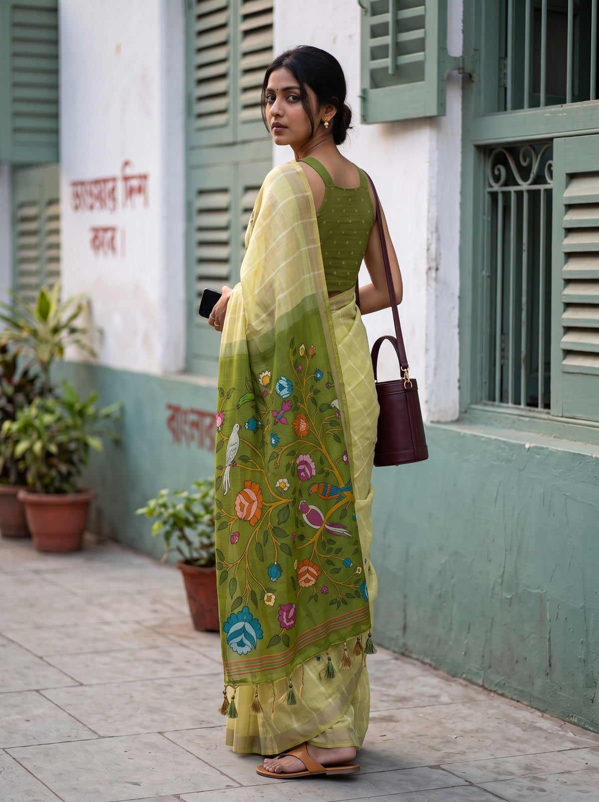 MIMOSA Chiku Bhagalpuri Cotton Saree — pose 7 styling detail