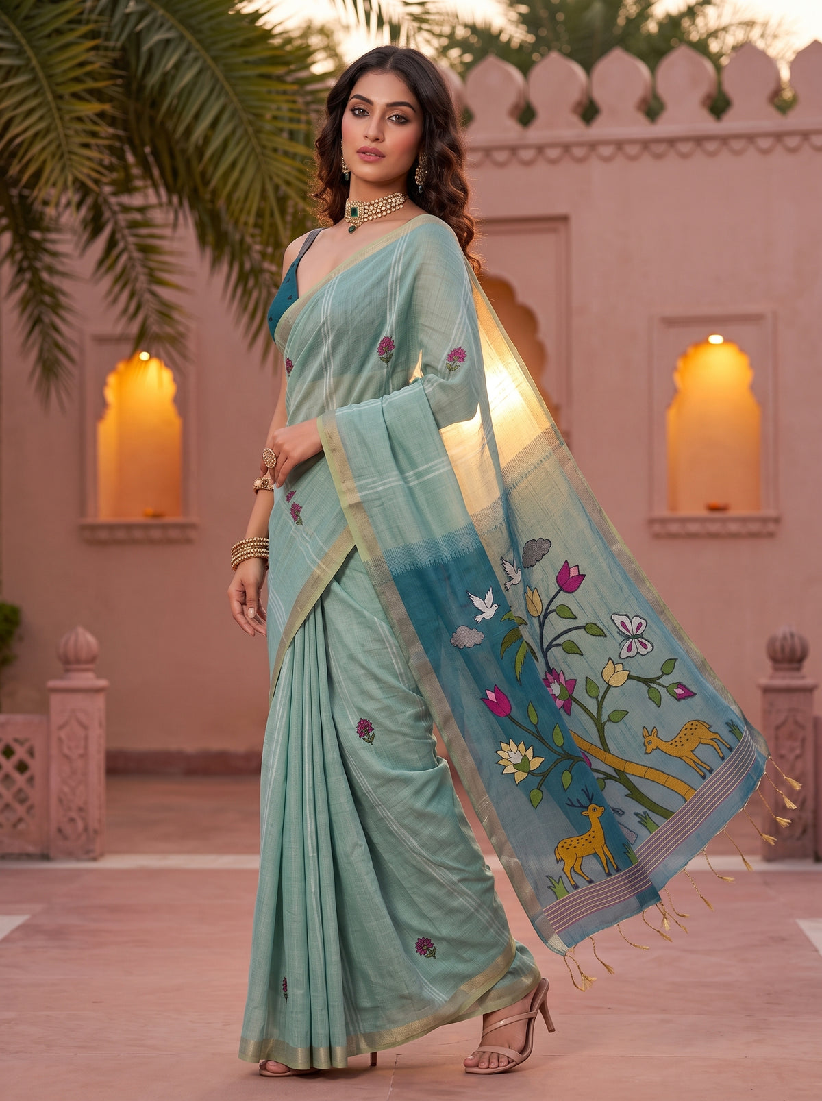 MIMOSA Sea Green Bhagalpuri Cotton linen Saree — pose 5 styling detail