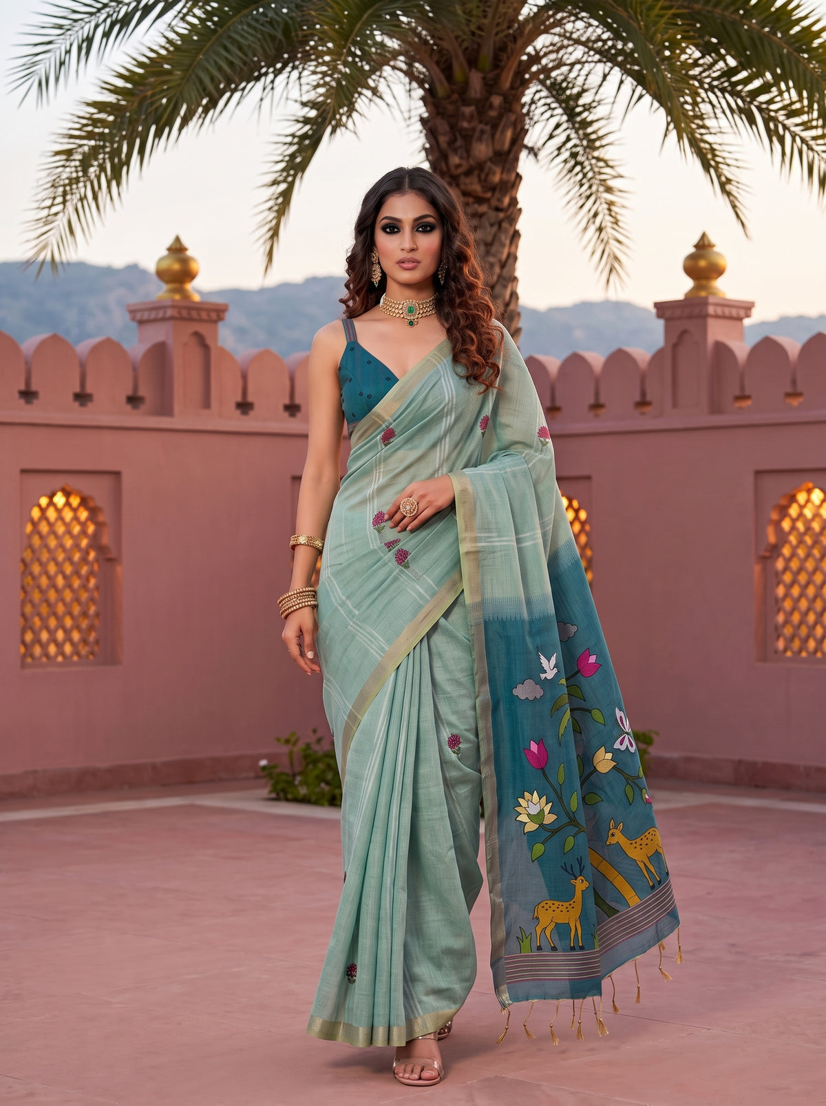 MIMOSA Sea Green Bhagalpuri Cotton linen Saree — pose 6 styling detail