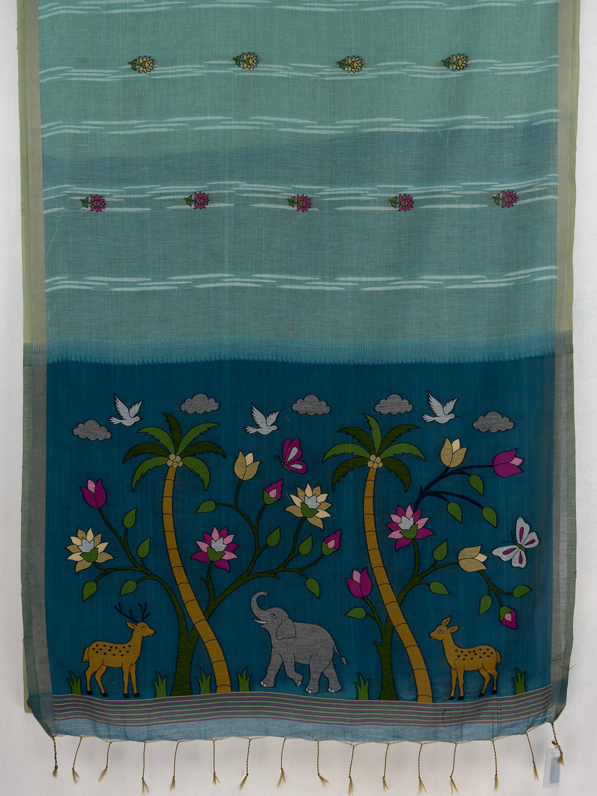 MIMOSA Sea Green Bhagalpuri Cotton linen Saree — pallu and zari work detail