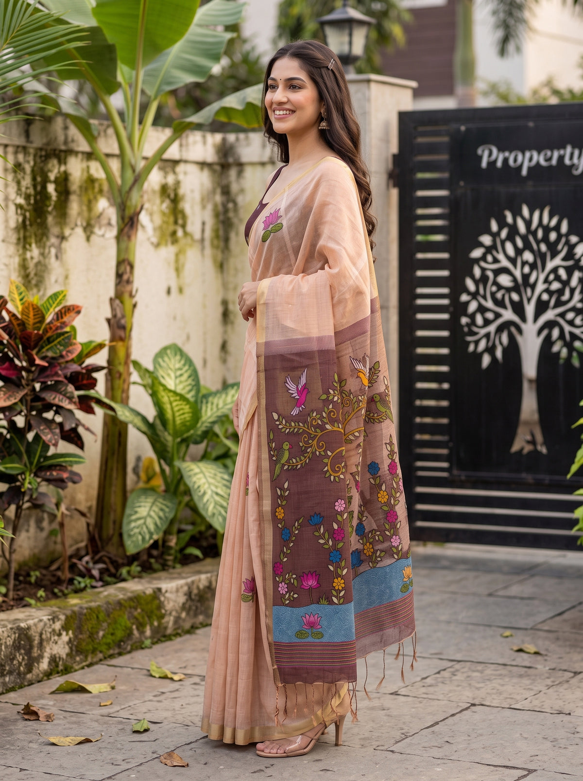 MIMOSA Chiku Bhagalpuri Cotton linen Saree — model smiling close up