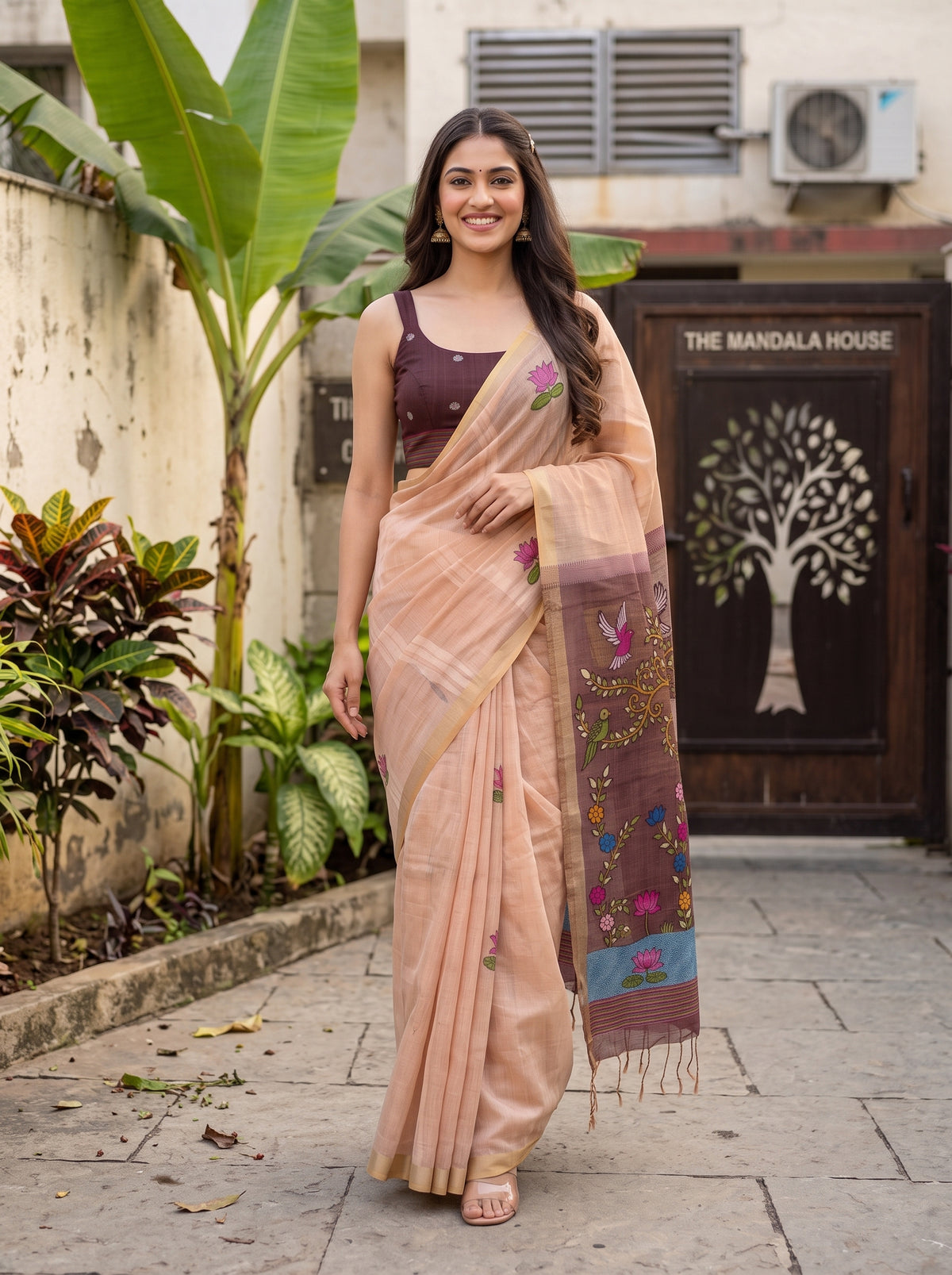 MIMOSA Chiku Bhagalpuri Cotton Saree — pose 6 styling detail