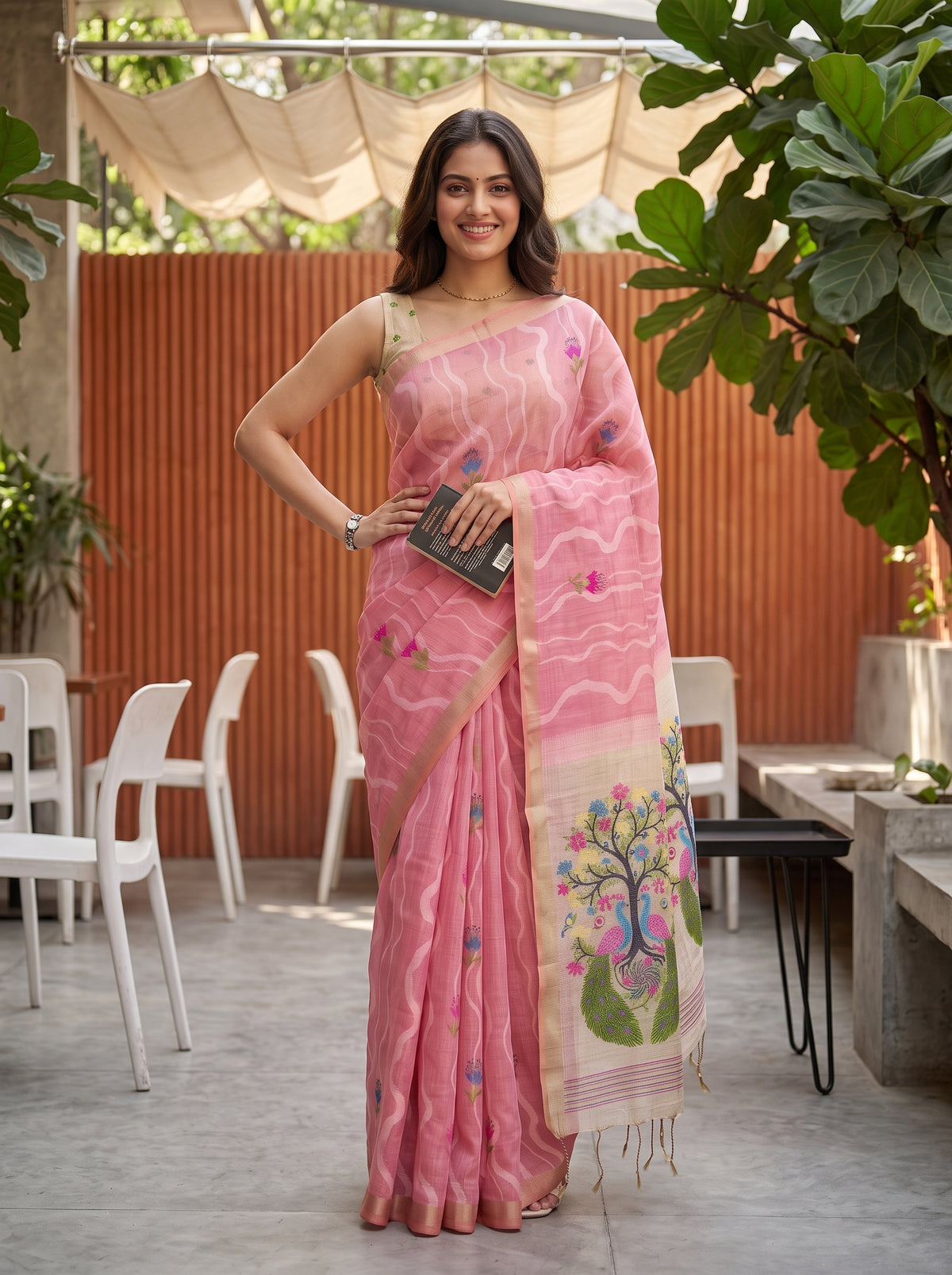 MIMOSA Pink Bhagalpuri Cotton Saree — pose 4 styling detail