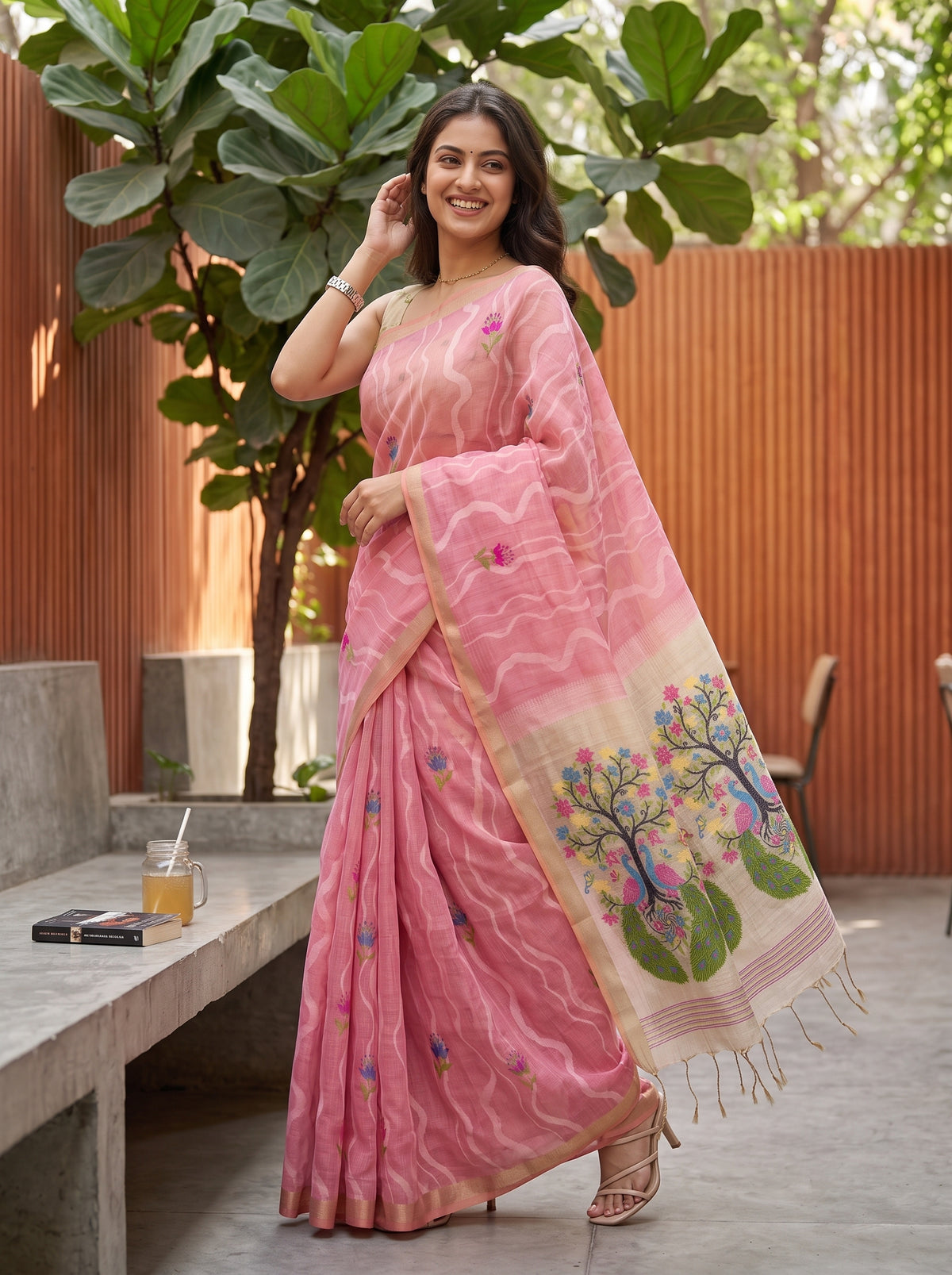 MIMOSA Pink Bhagalpuri Cotton Saree — pose 9 styling detail