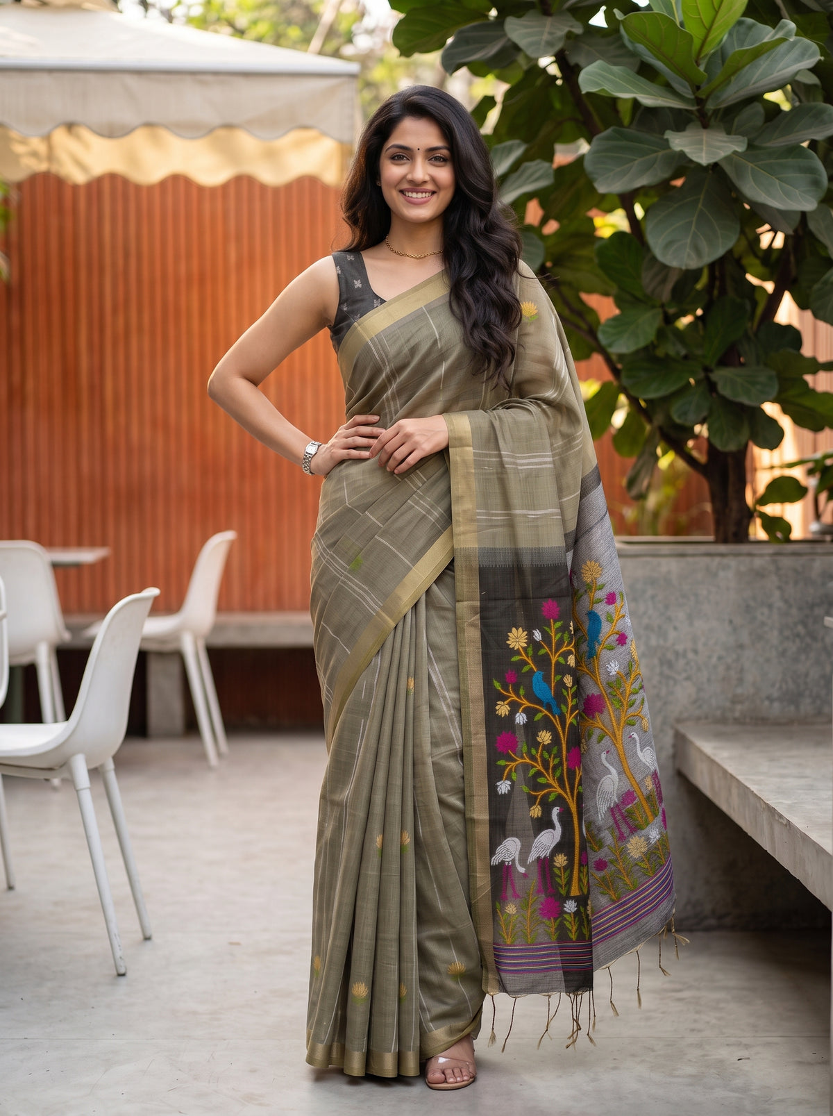 MIMOSA Grey Bhagalpuri Cotton Saree — pose 4 styling detail