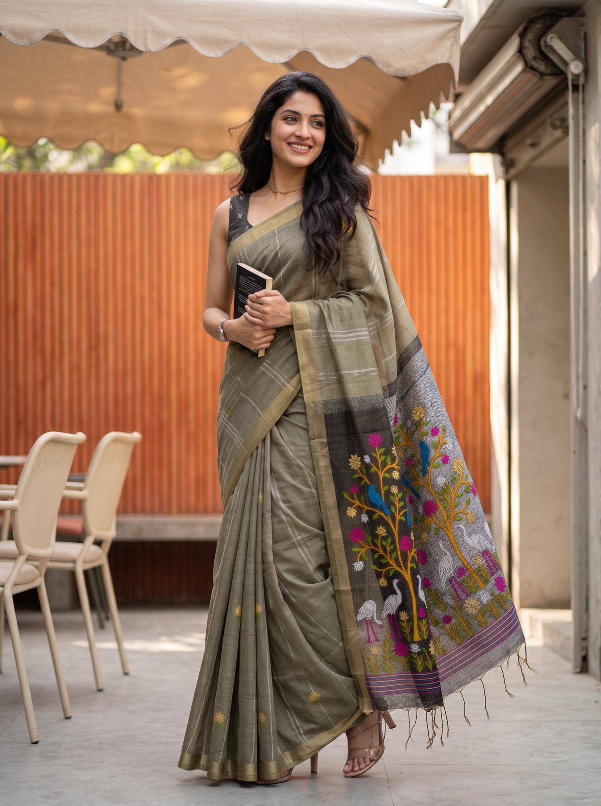 MIMOSA Grey Bhagalpuri Cotton Saree — pose 5 styling detail