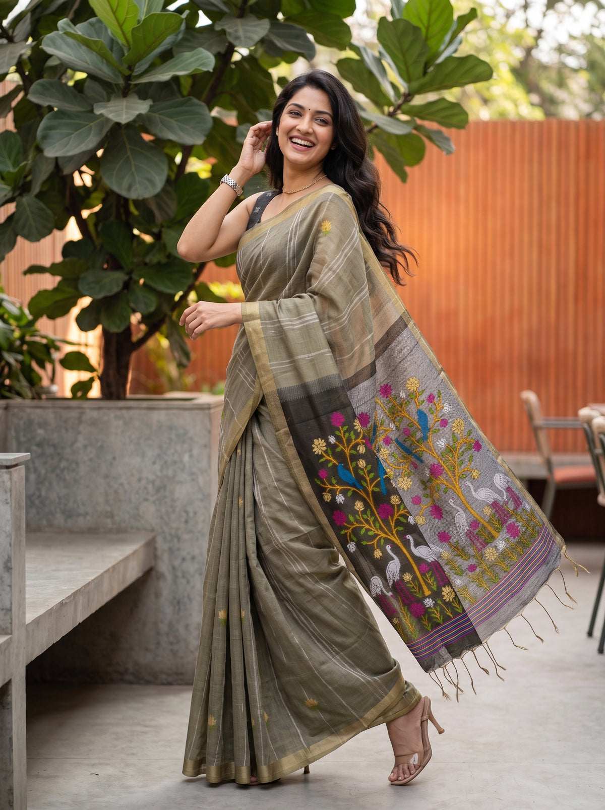 MIMOSA Grey Bhagalpuri Cotton Saree — pose 9 styling detail