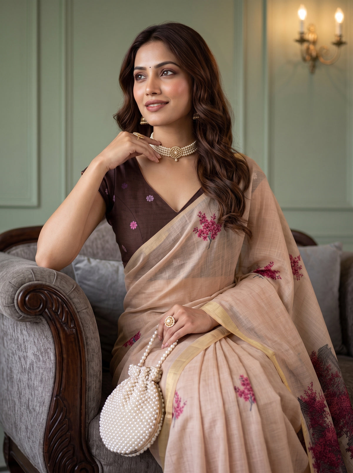 MIMOSA Peach Bhagalpuri Cotton Saree — pose 10 styling detail