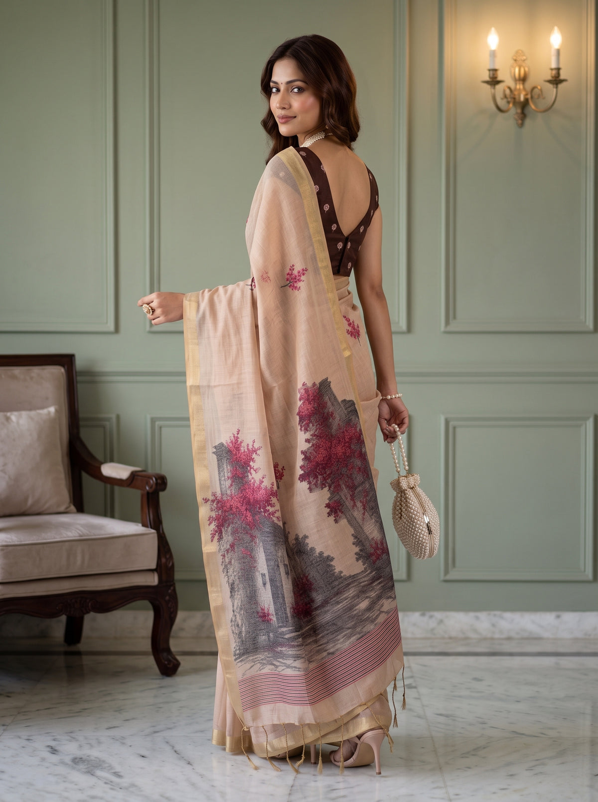 MIMOSA Peach Bhagalpuri Cotton Saree — pose 7 styling detail