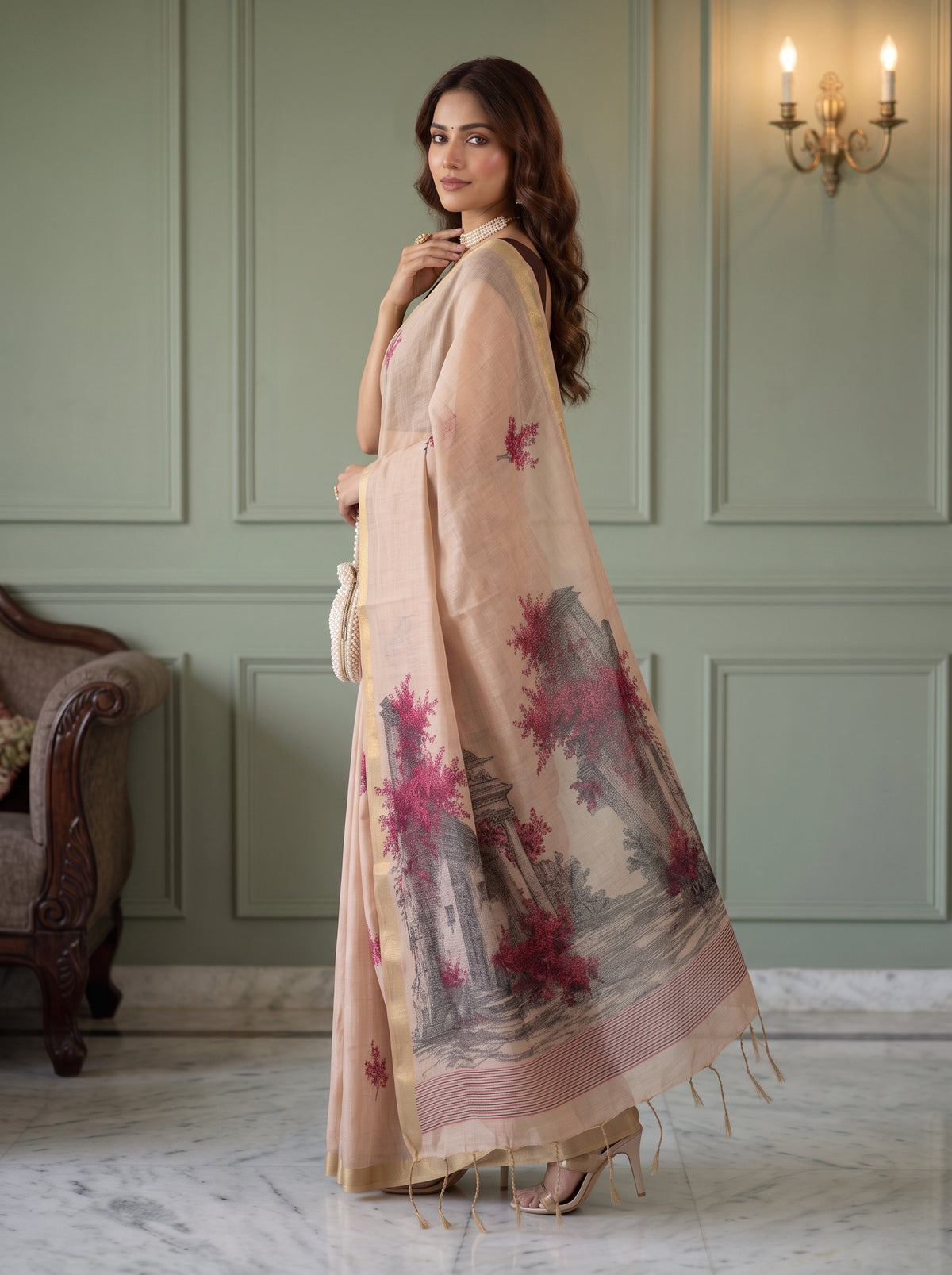 MIMOSA Peach Bhagalpuri Cotton Saree — pose 9 styling detail