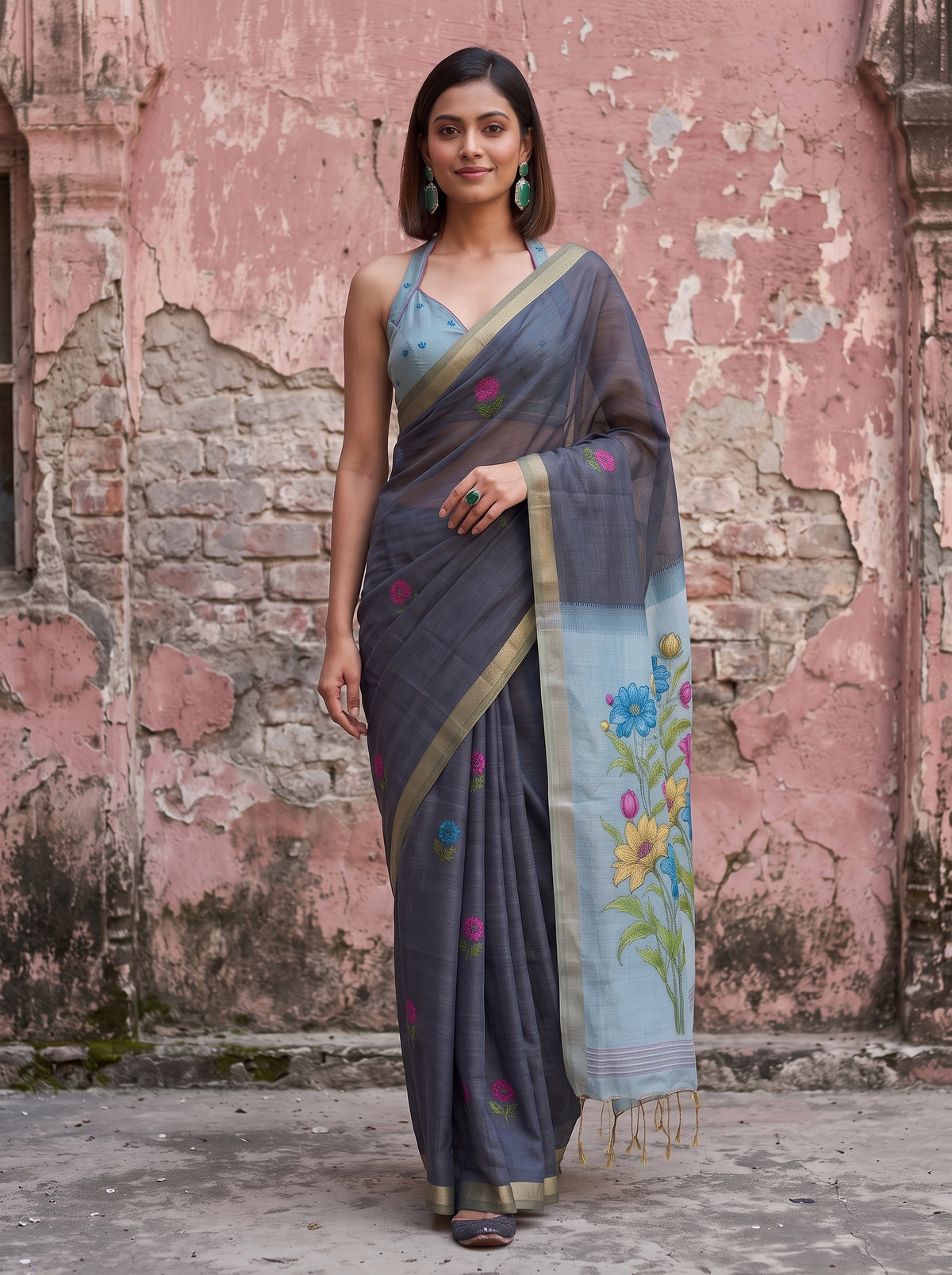MIMOSA Navy Bhagalpuri Cotton linen Saree — pose 6 styling detail
