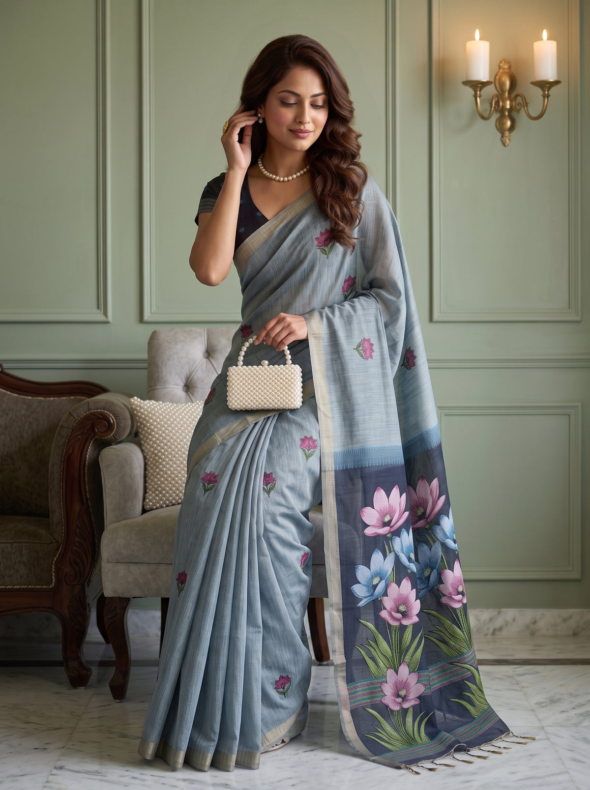 MIMOSA Ananda Bhagalpuri Cotton linen Saree — pose 8 styling detail